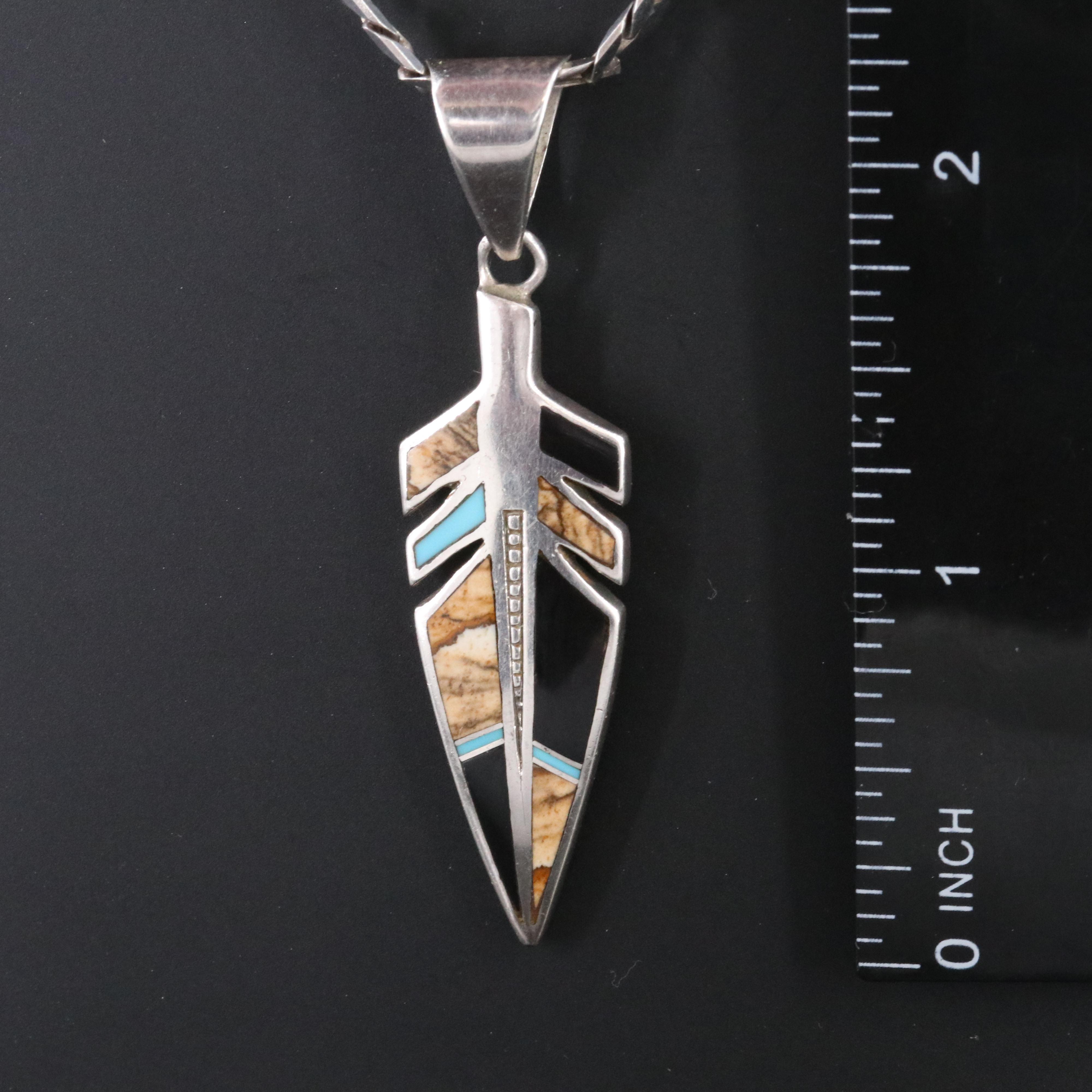 Southwestern Signed Sterling Jasper, Turquoise and Black Onyx Pendant Necklace