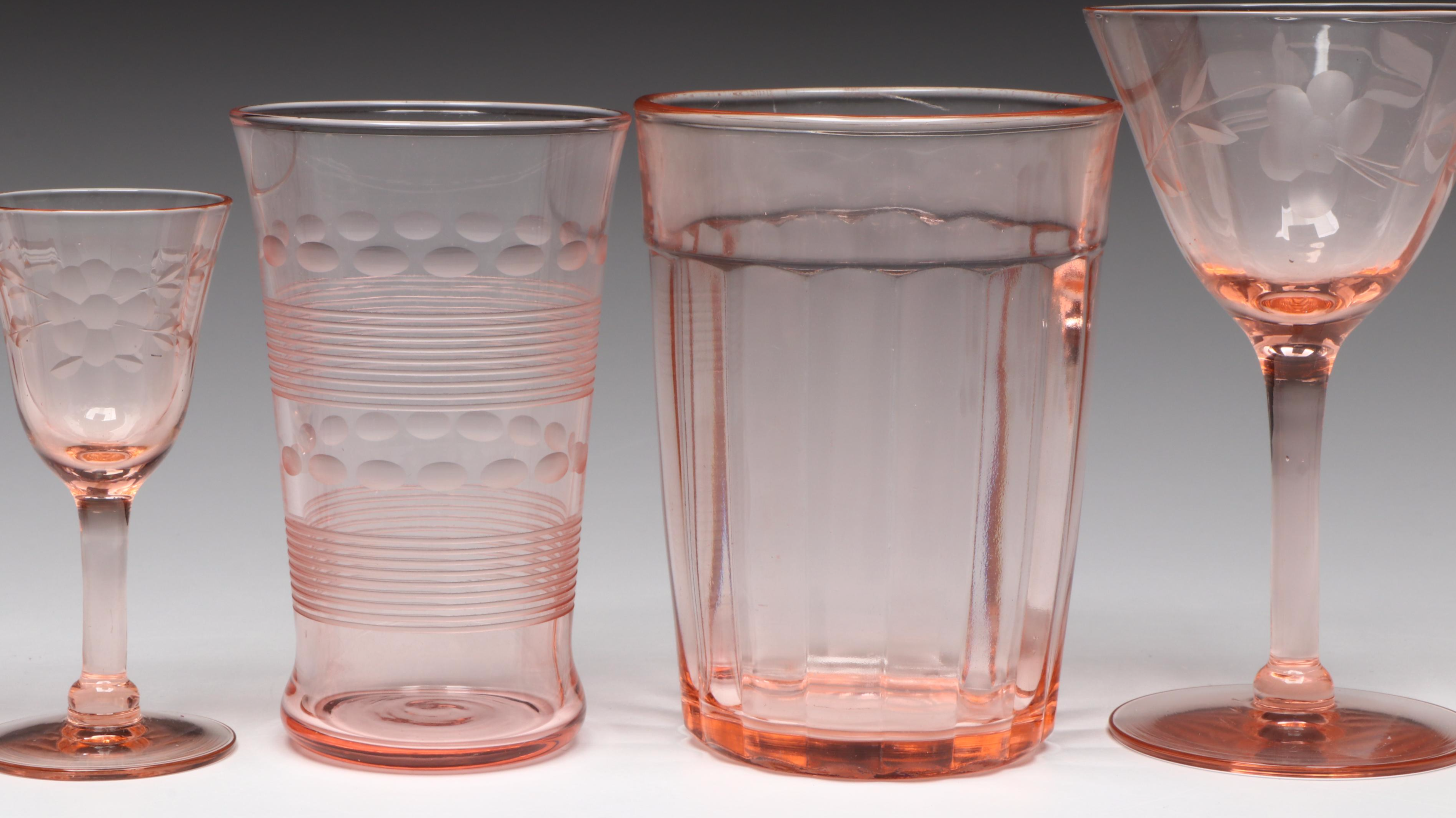 Vintage Etched Pink Glass Tumblers and Cordial Glasses