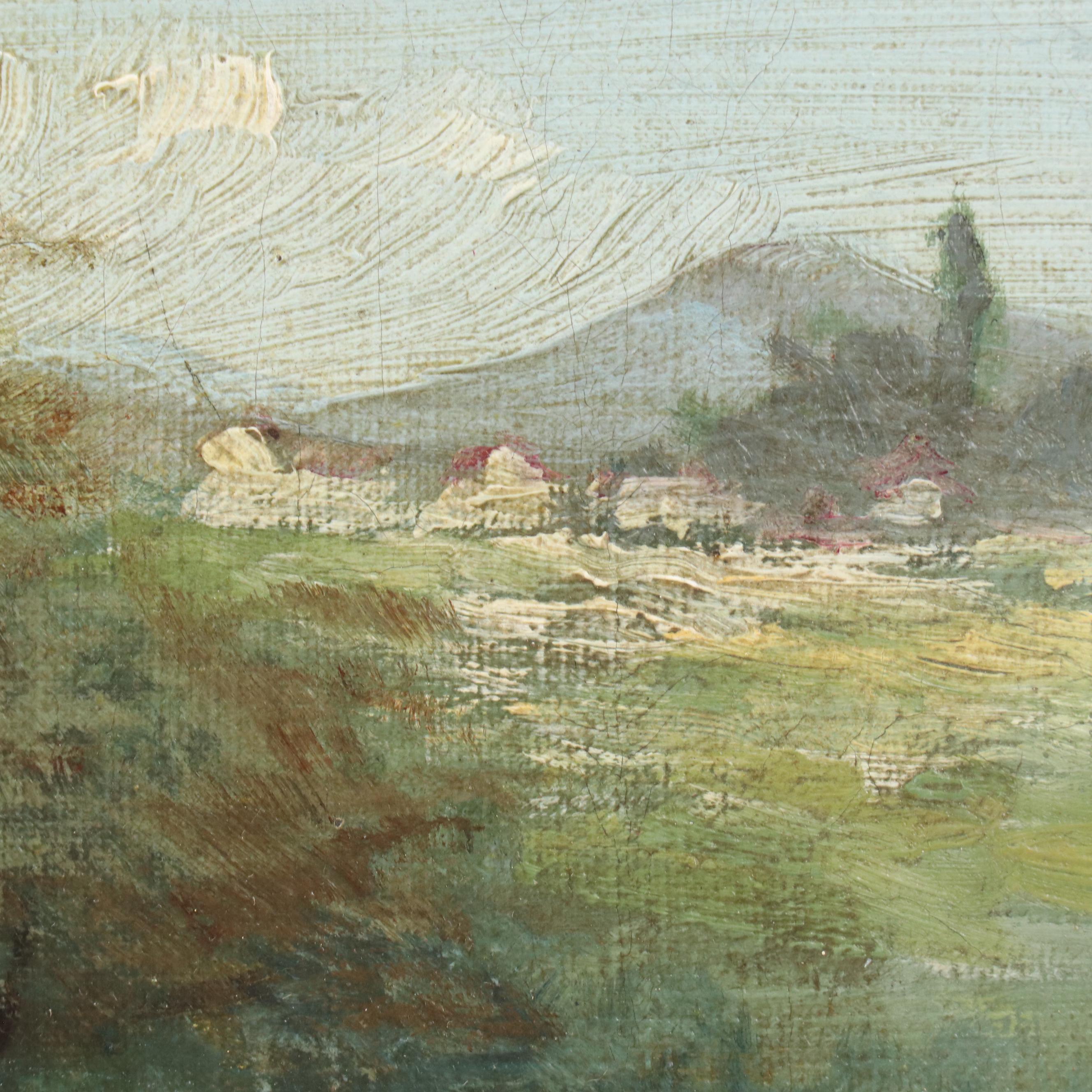 A. Viverge Landscape Oil Painting of Water Bearer at Pond, 1896