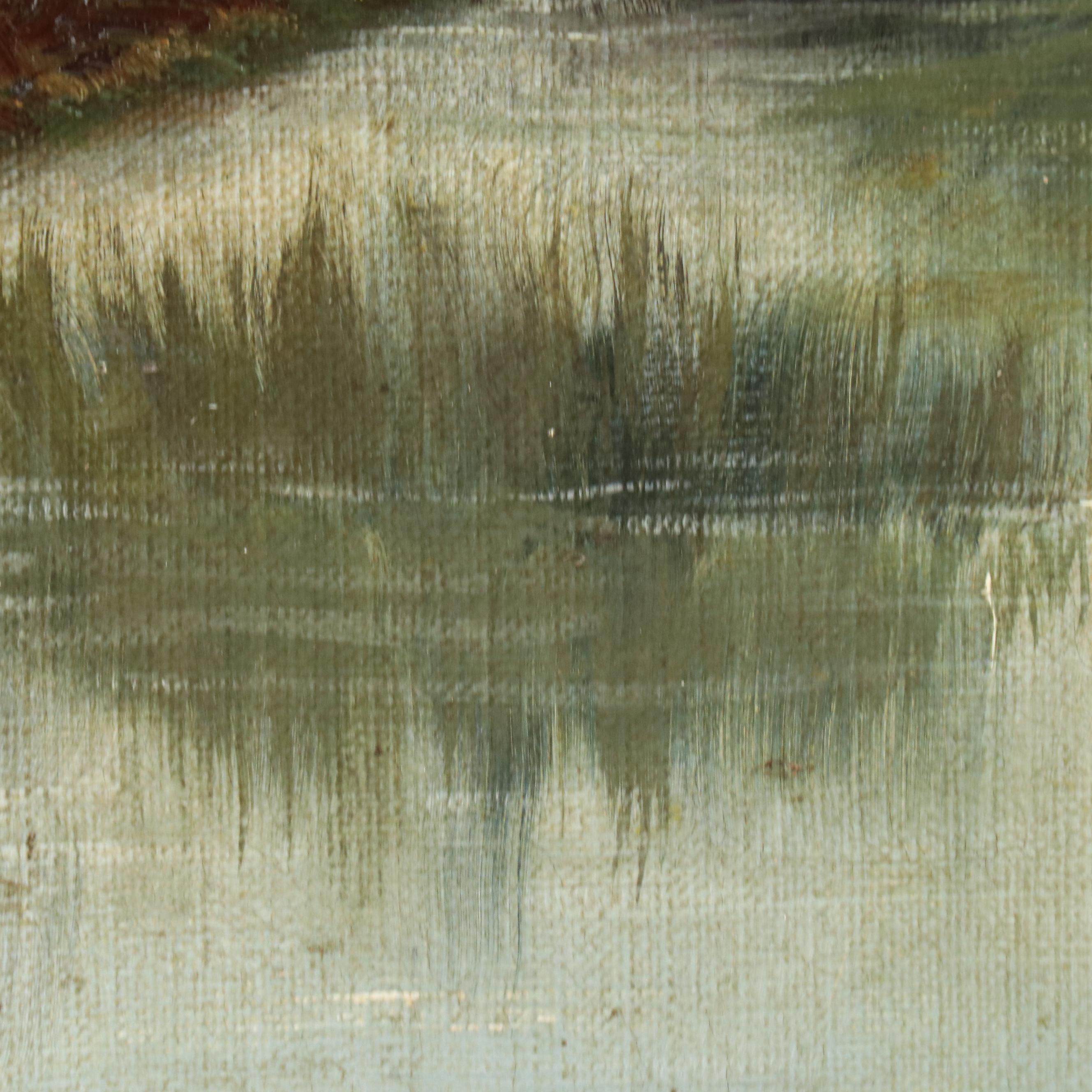 A. Viverge Landscape Oil Painting of Water Bearer at Pond, 1896