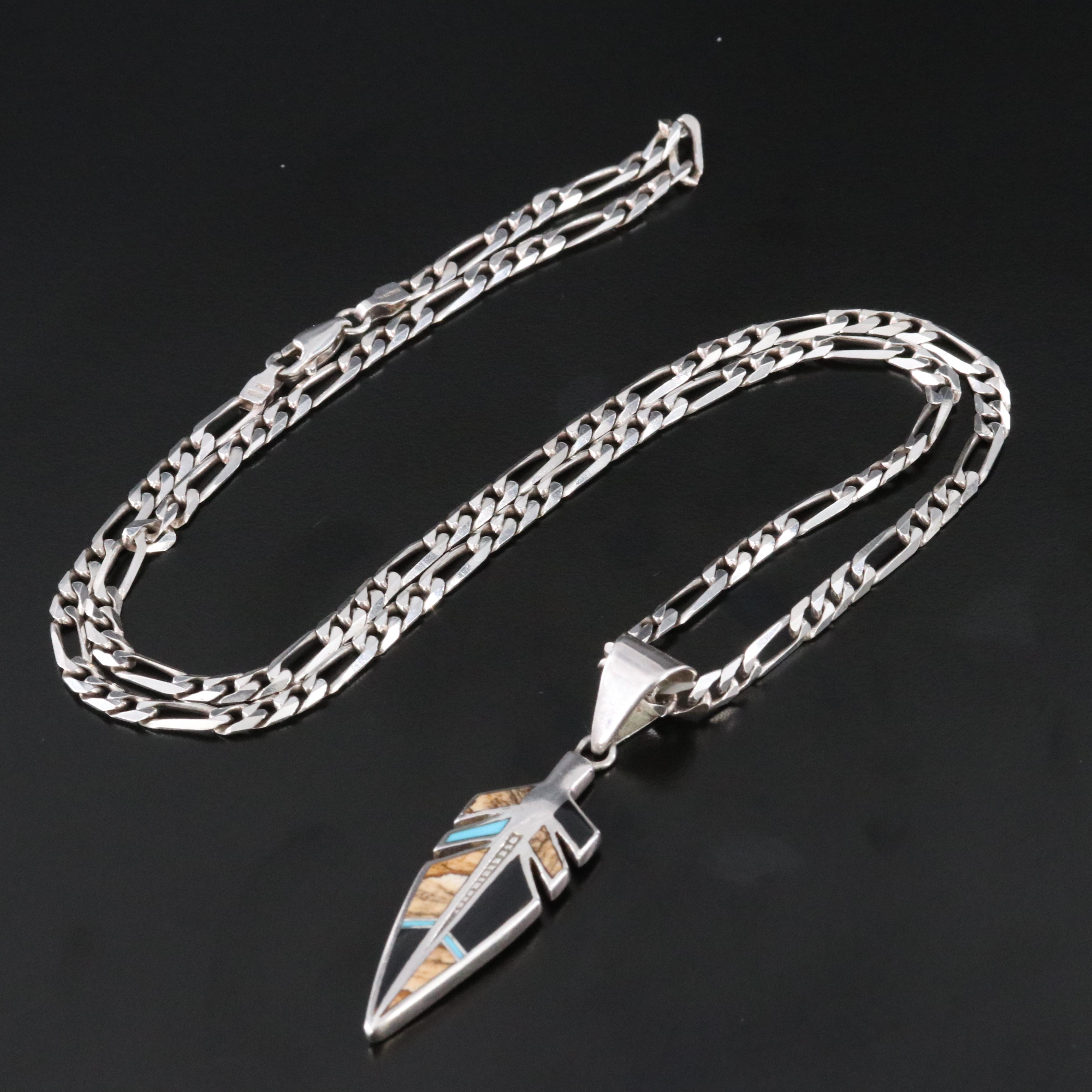 Southwestern Signed Sterling Jasper, Turquoise and Black Onyx Pendant Necklace