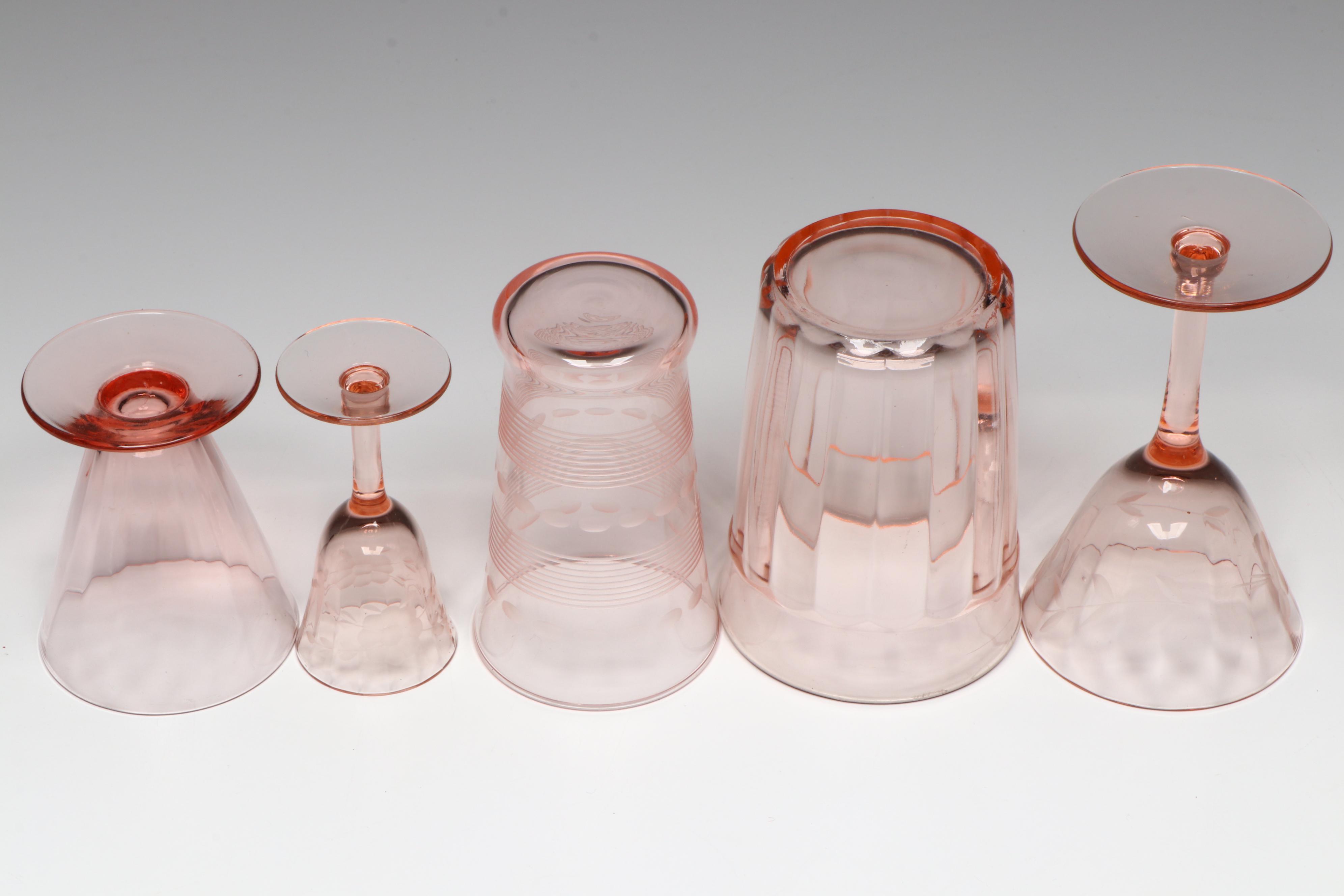Vintage Etched Pink Glass Tumblers and Cordial Glasses