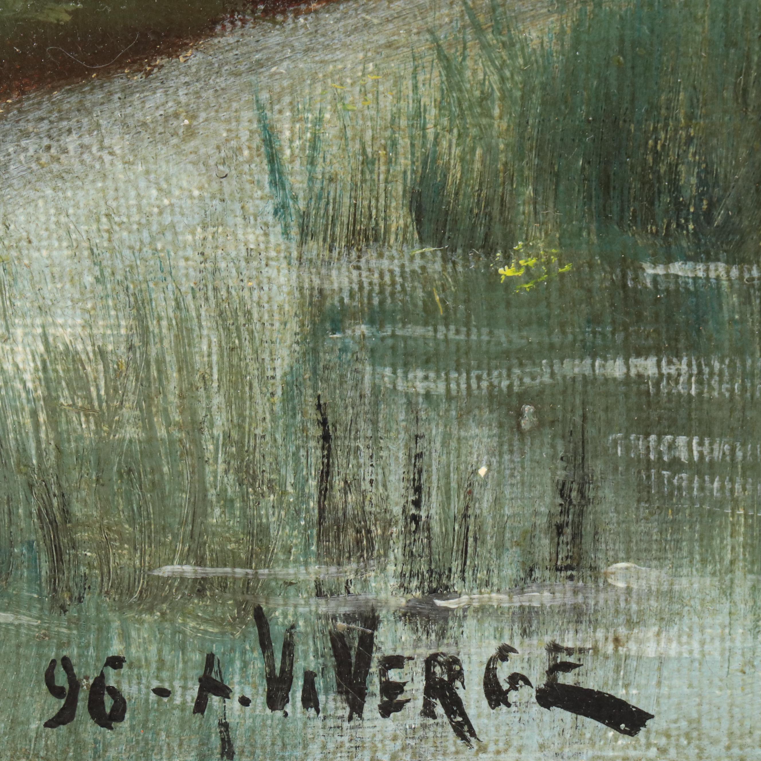 A. Viverge Landscape Oil Painting of Water Bearer at Pond, 1896