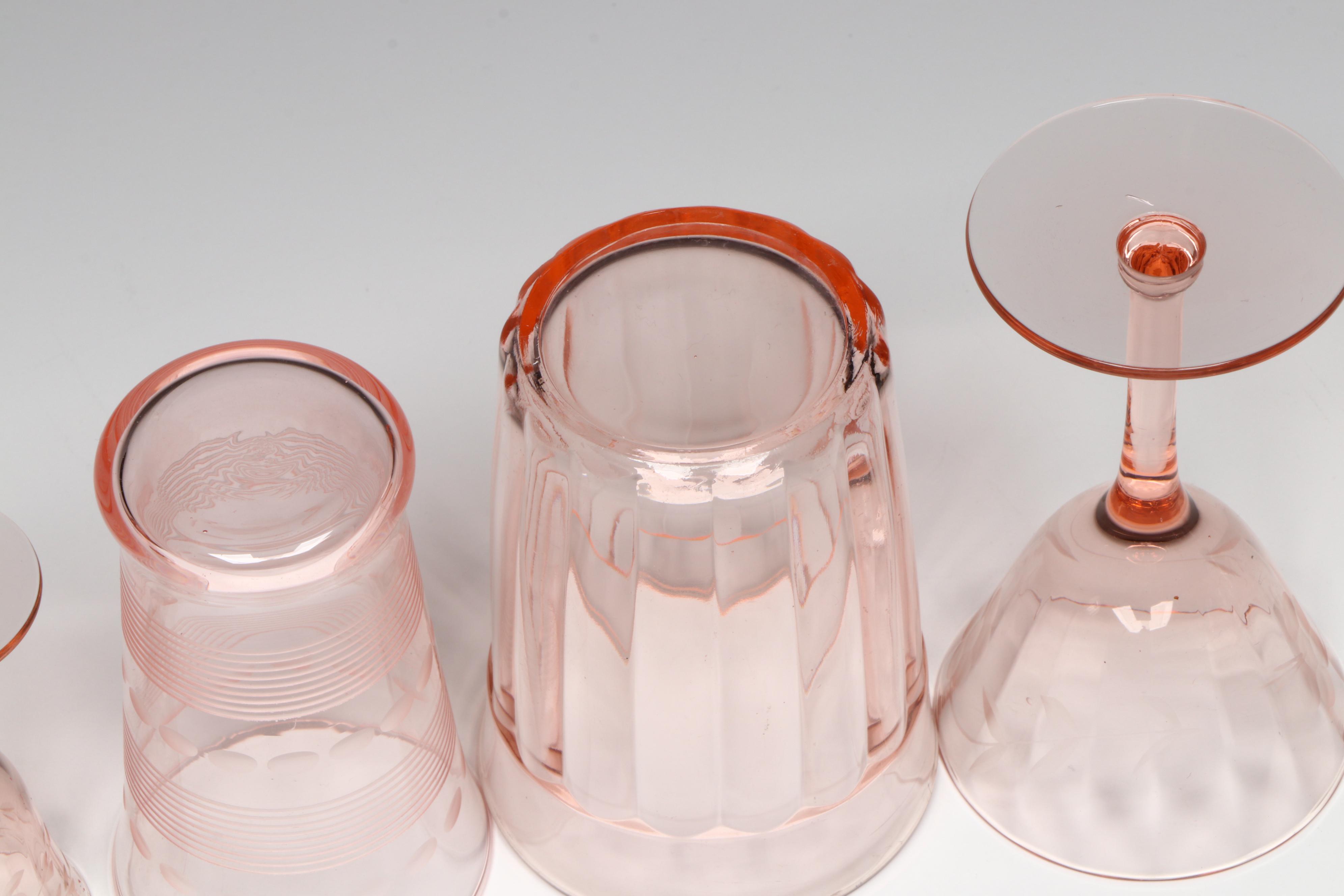 Vintage Etched Pink Glass Tumblers and Cordial Glasses