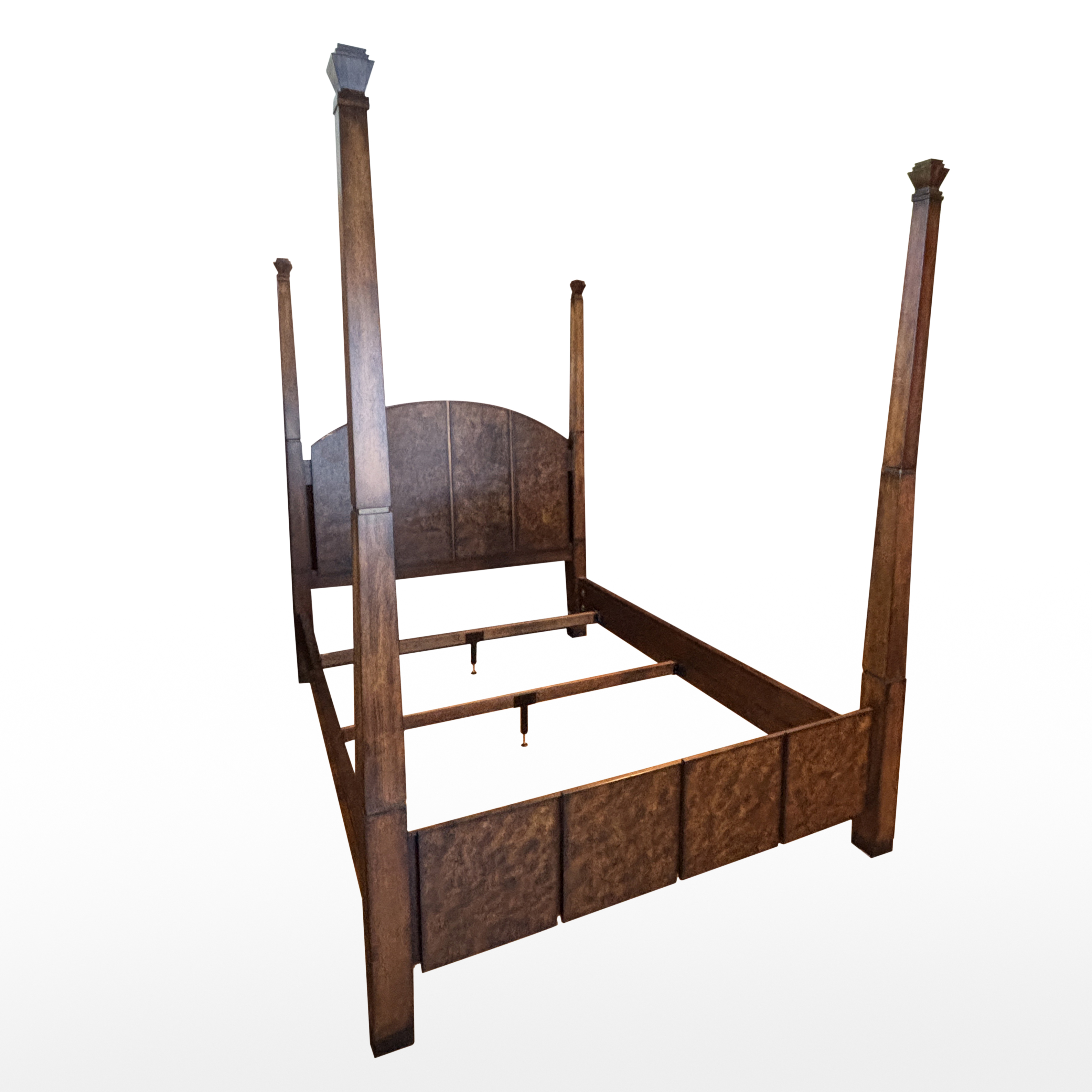 Chinese Style Burl Wood Accented Four Poster Queen Size Bed Frame