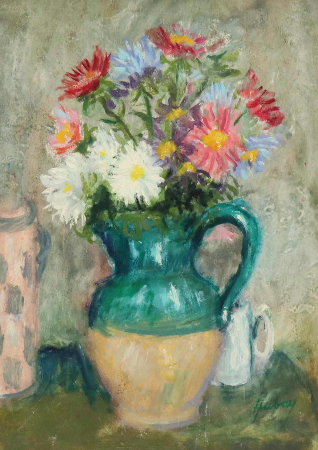 Paul Hubay Still Life Oil Painting of Daisies in Jug, Mid to Late 20th C.