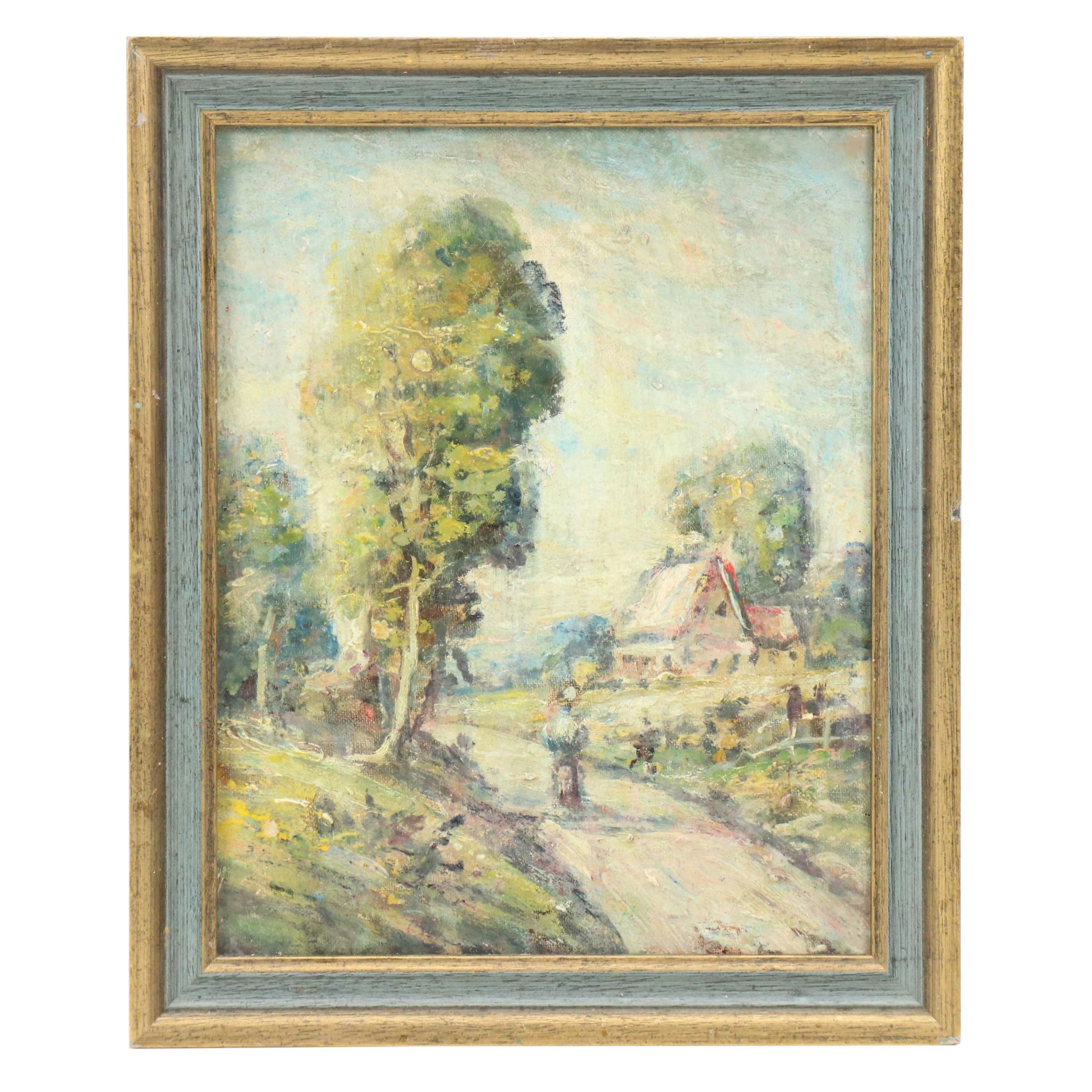 Landscape Oil Painting of Tree Next to Rural Road, Mid-20th C.