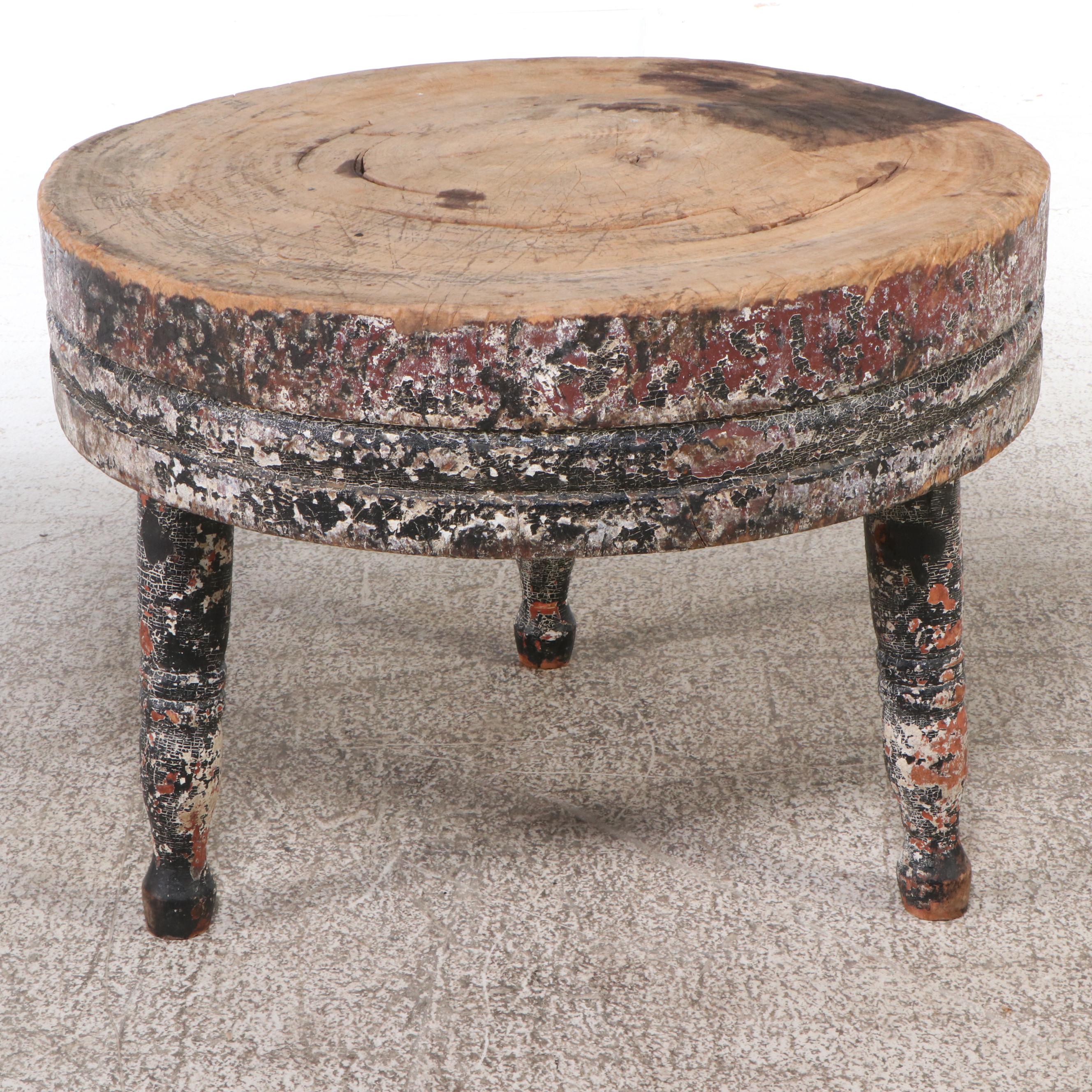 Rustic Painted Wood Three-Legged Table