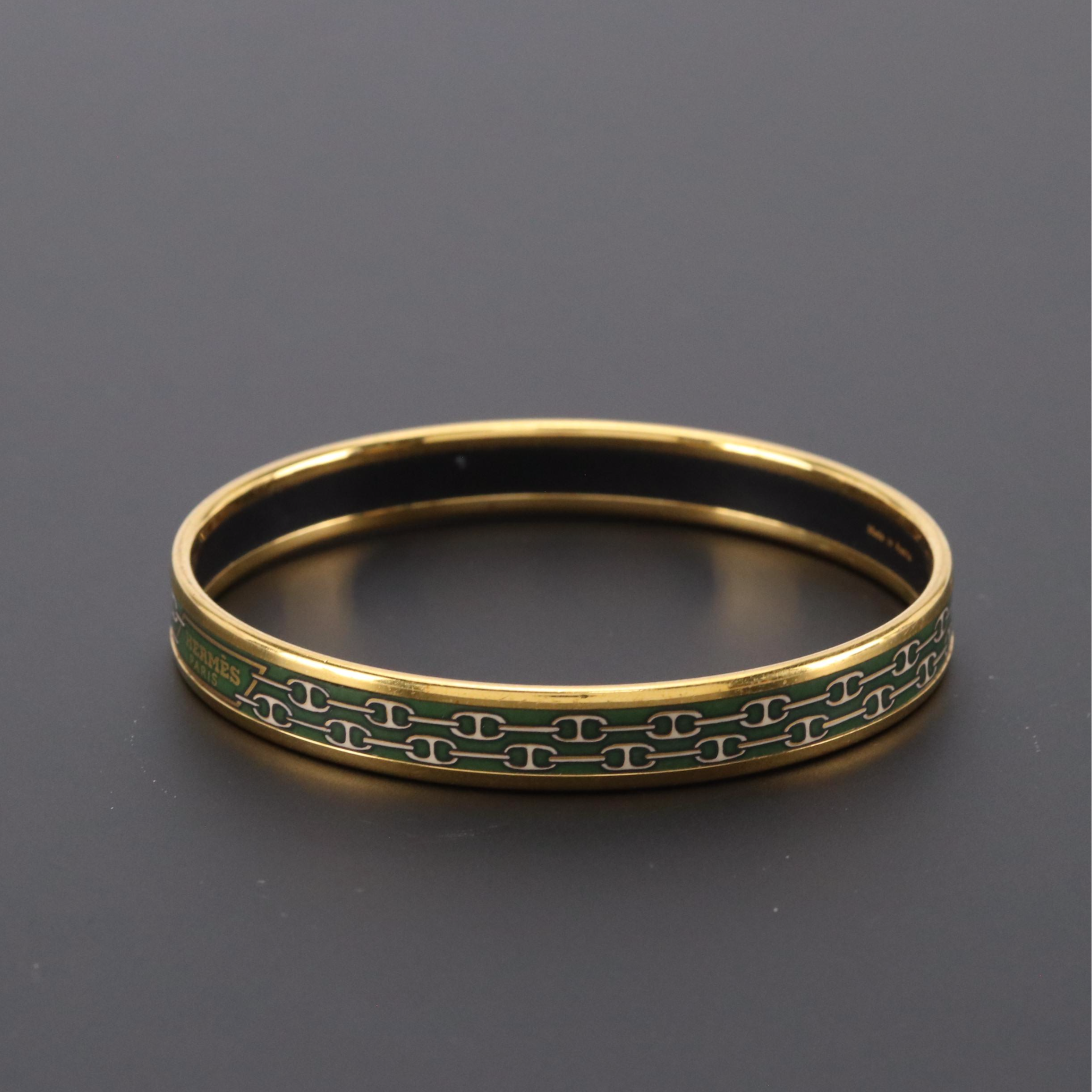 Hermès Green Chaine D'Ancre Narrow Enamel Bangle Bracelet