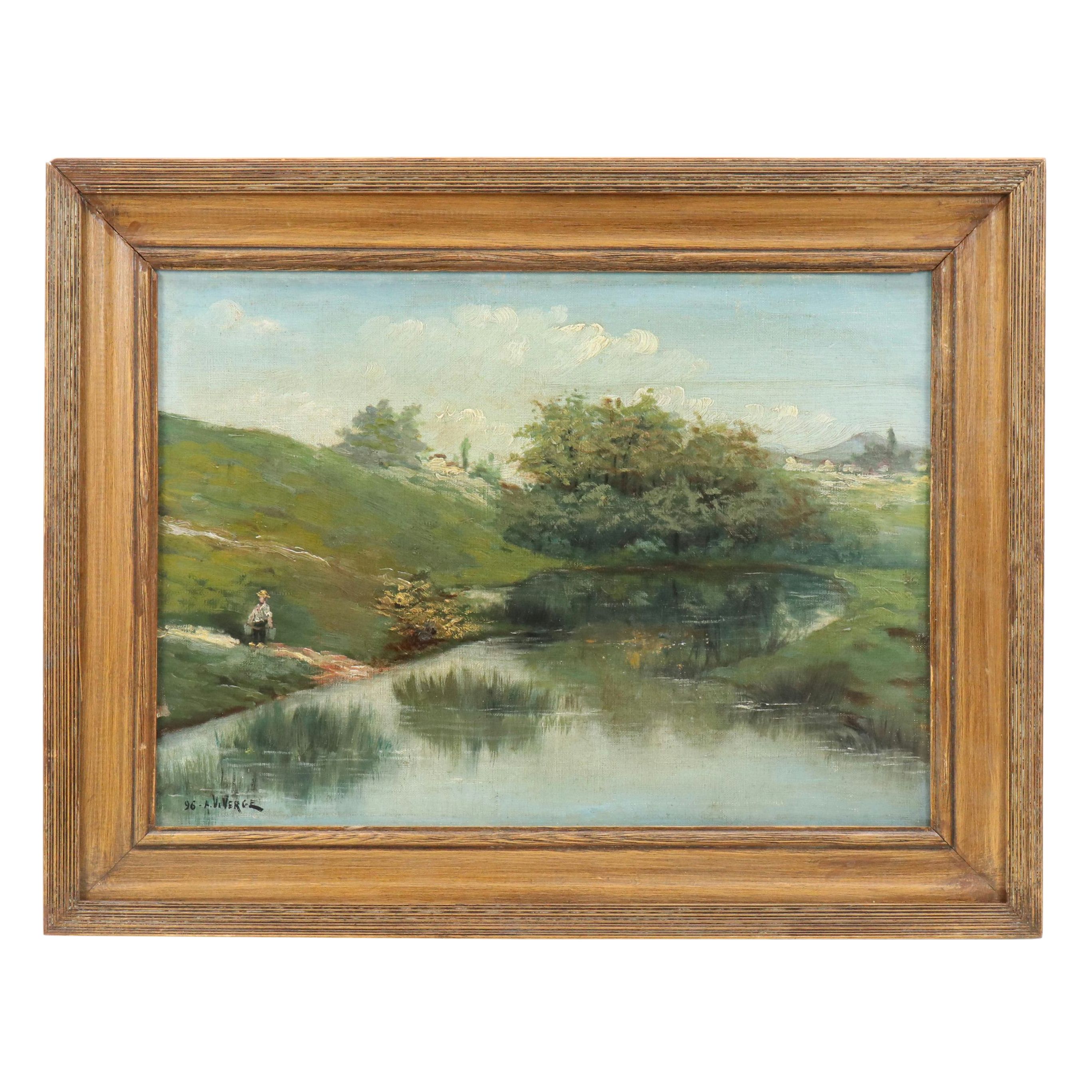 A. Viverge Landscape Oil Painting of Water Bearer at Pond, 1896