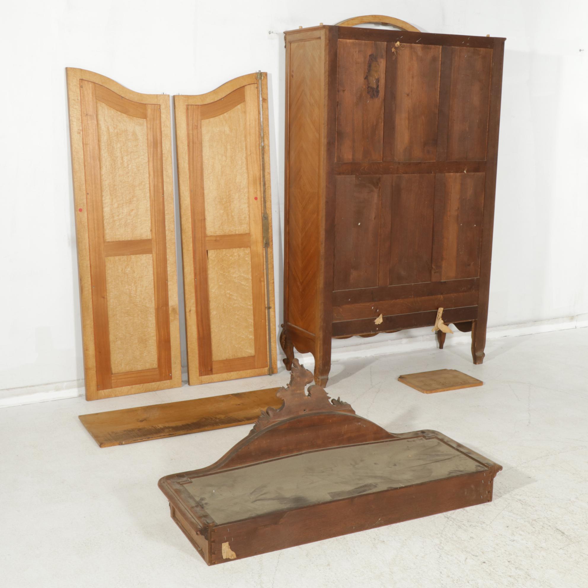 French Provincial Style Walnut Armoire Wardrobe with Mirror Doors