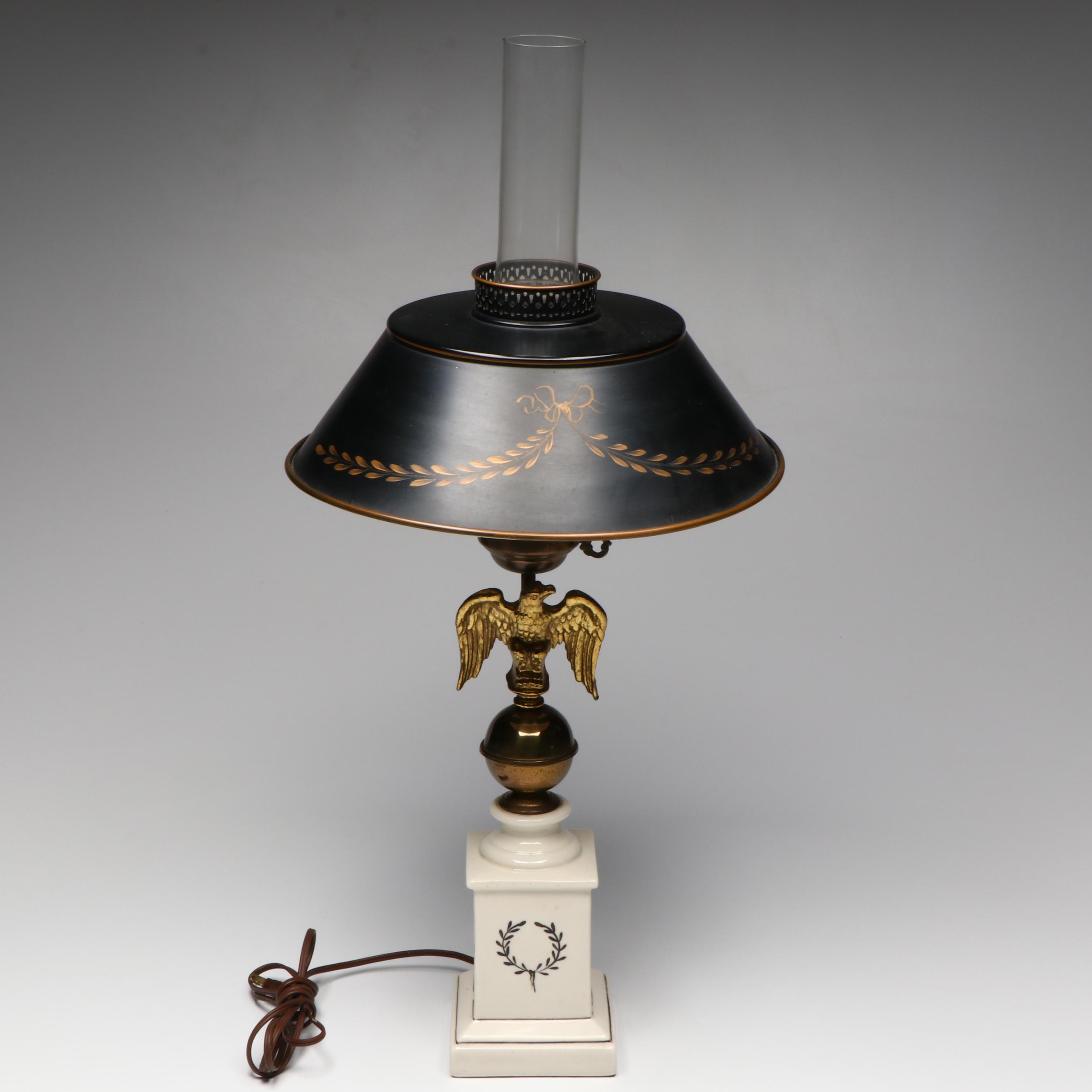 Federal Style China with Brass Eagle Toleware Lamp, Gilt Metal Eagle Wall Décor