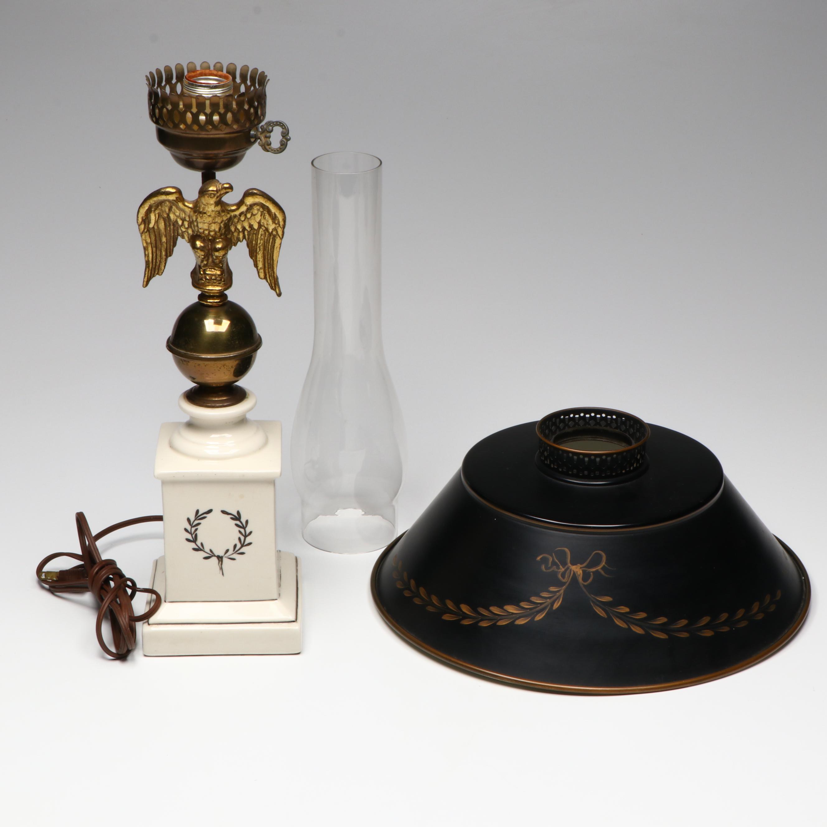 Federal Style China with Brass Eagle Toleware Lamp, Gilt Metal Eagle Wall Décor