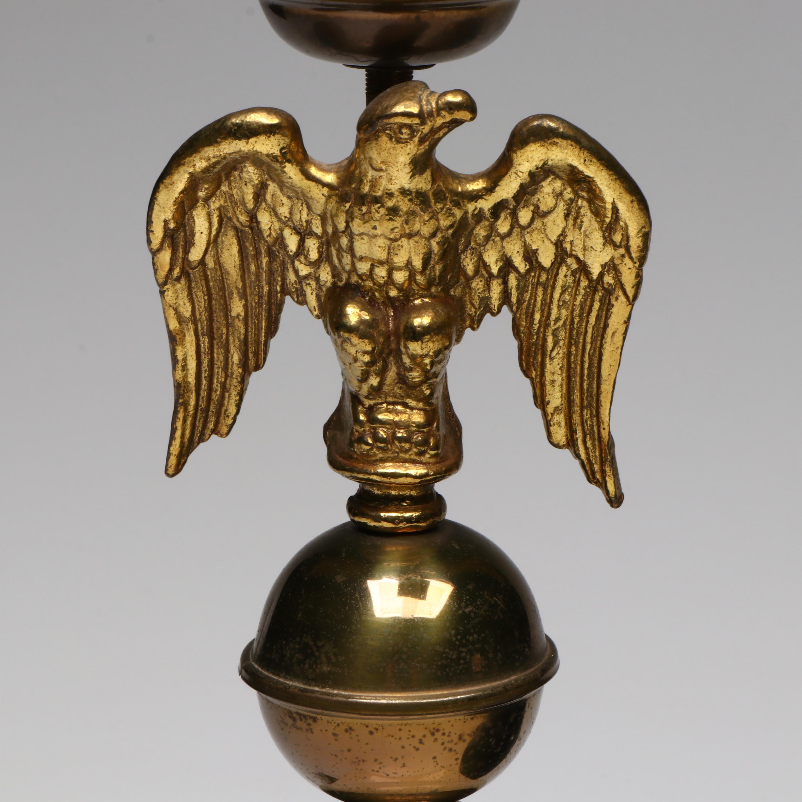 Federal Style China with Brass Eagle Toleware Lamp, Gilt Metal Eagle Wall Décor