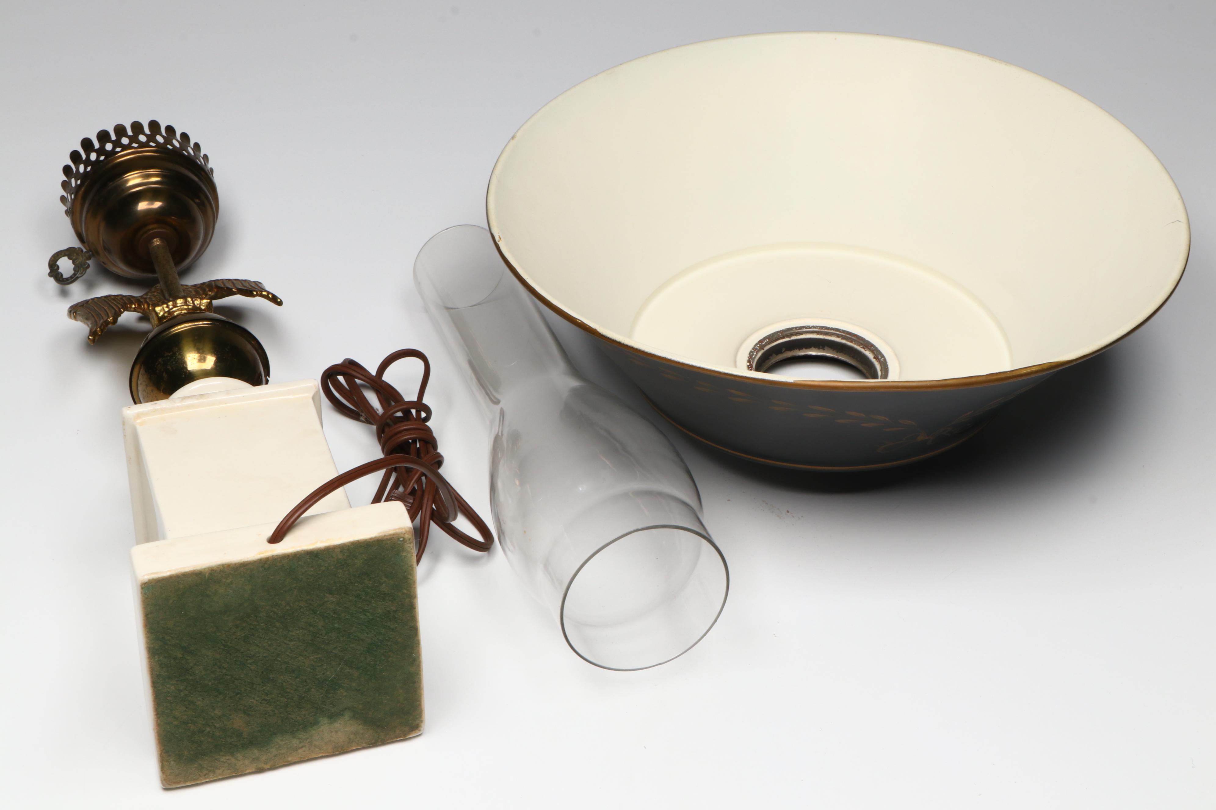 Federal Style China with Brass Eagle Toleware Lamp, Gilt Metal Eagle Wall Décor