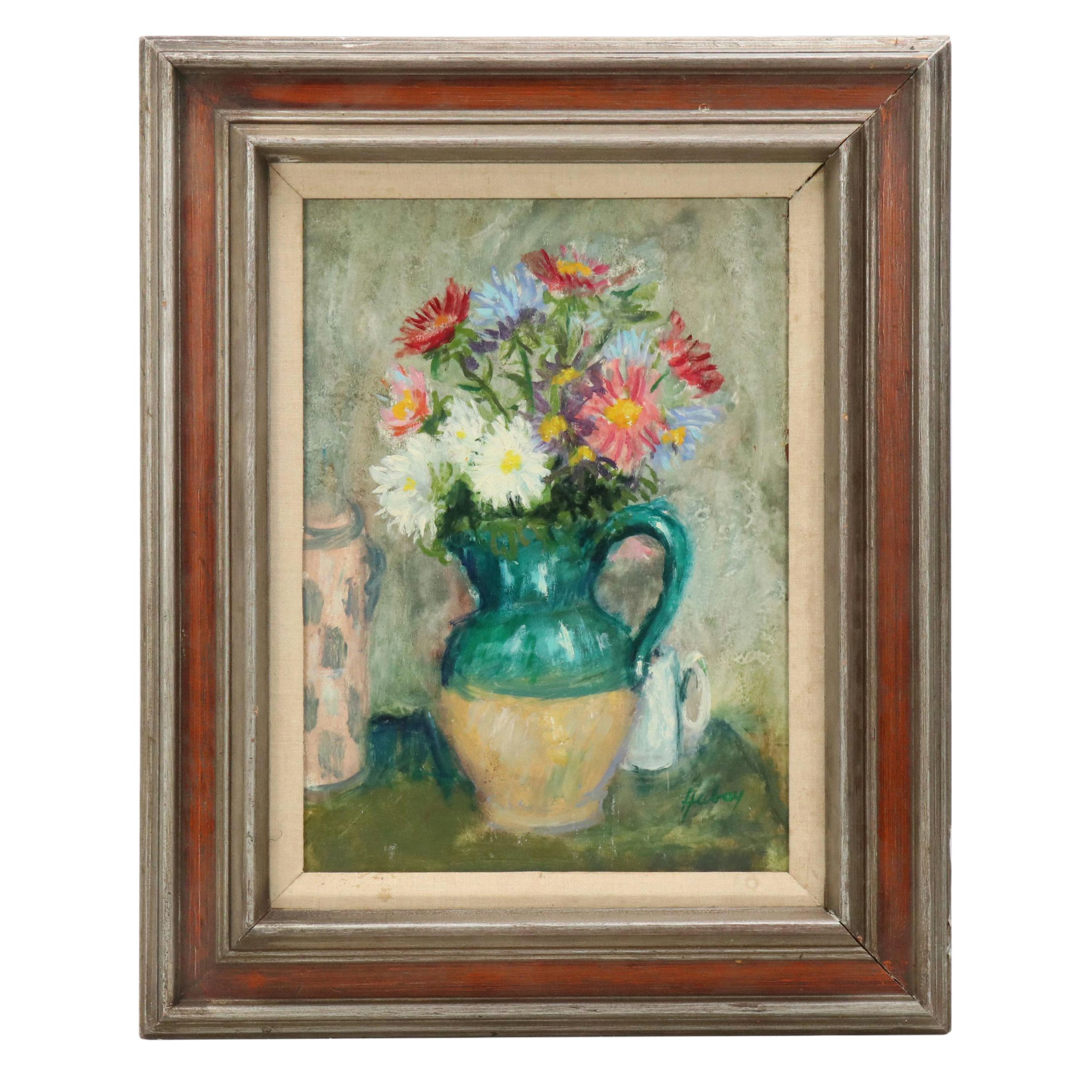 Paul Hubay Still Life Oil Painting of Daisies in Jug, Mid to Late 20th C.