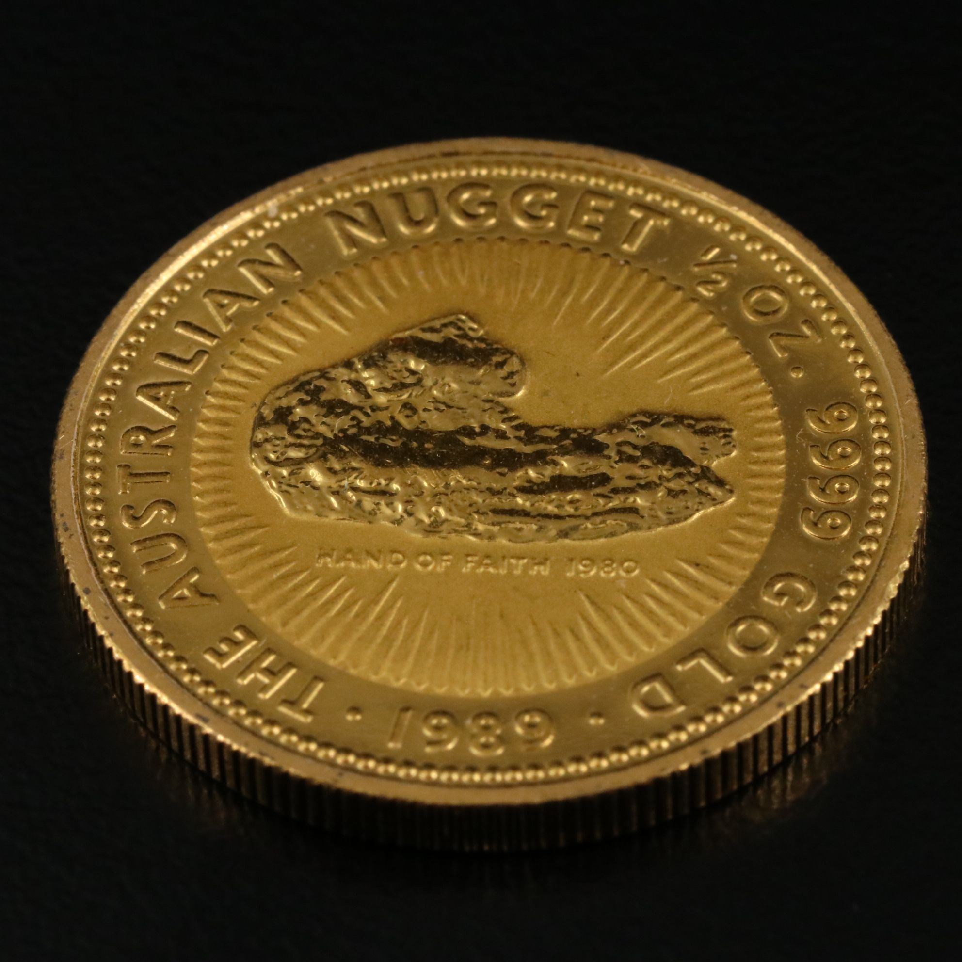 1989 $50 Australia Hand of Faith Gold Nugget 1/2 OZT Gold Coin