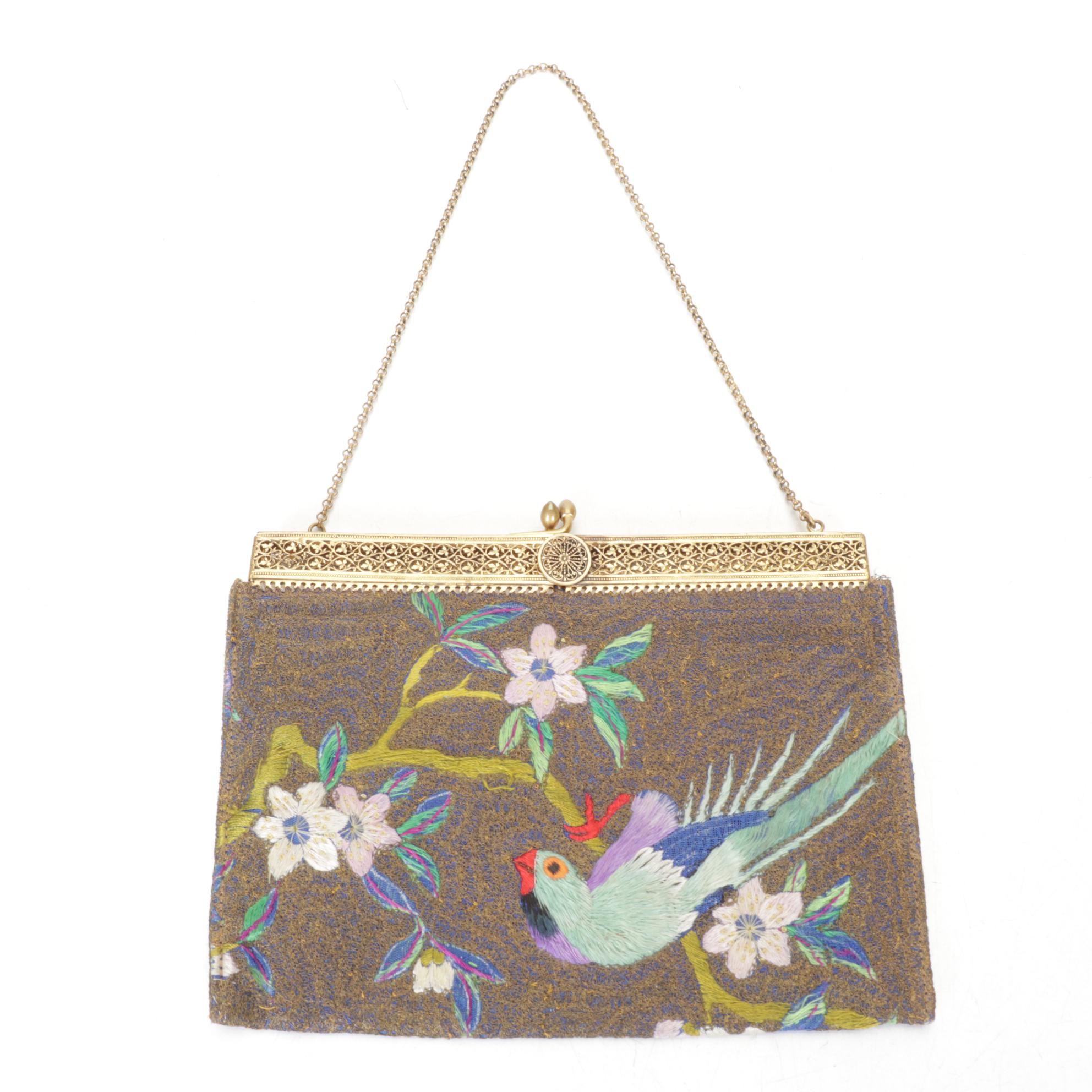 Embroidered Exotic Bird and Flowers Cloth Evening Purse with Beaded Gold Clutch