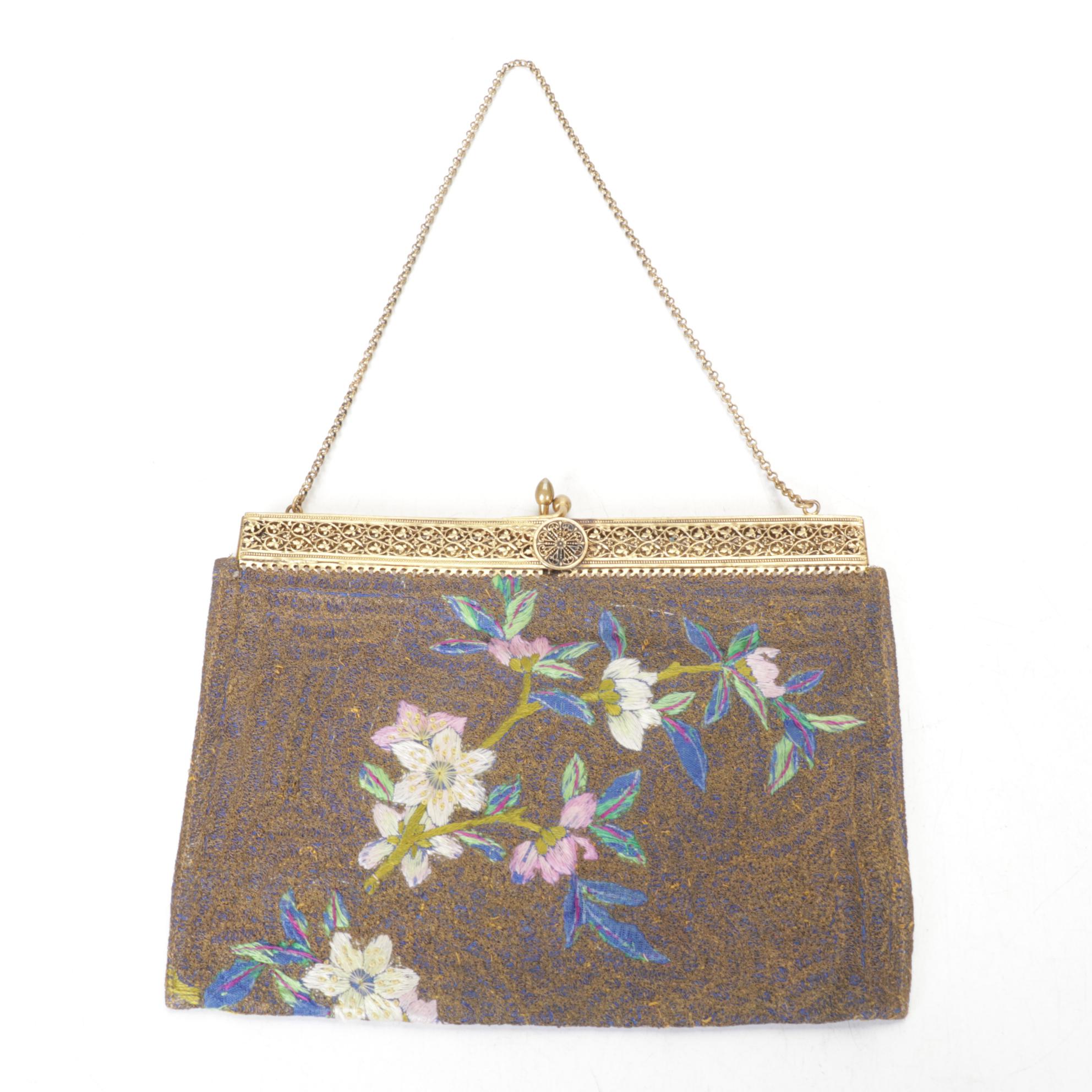 Embroidered Exotic Bird and Flowers Cloth Evening Purse with Beaded Gold Clutch