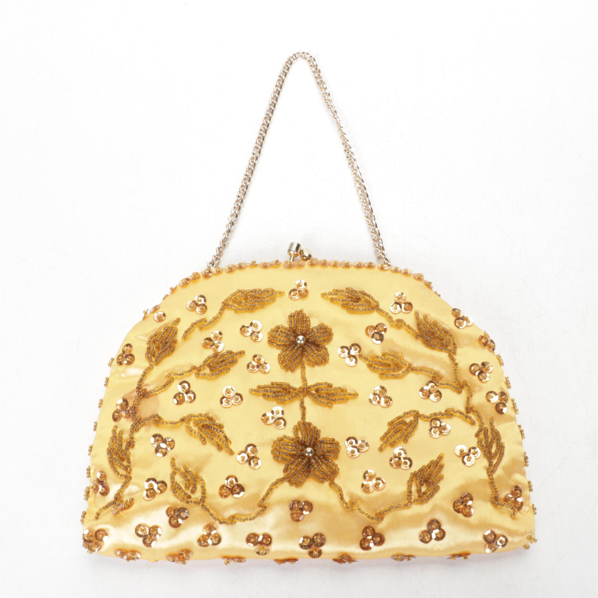 Embroidered Exotic Bird and Flowers Cloth Evening Purse with Beaded Gold Clutch