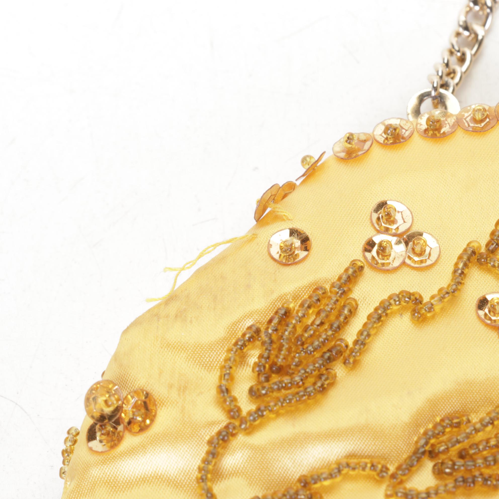 Embroidered Exotic Bird and Flowers Cloth Evening Purse with Beaded Gold Clutch