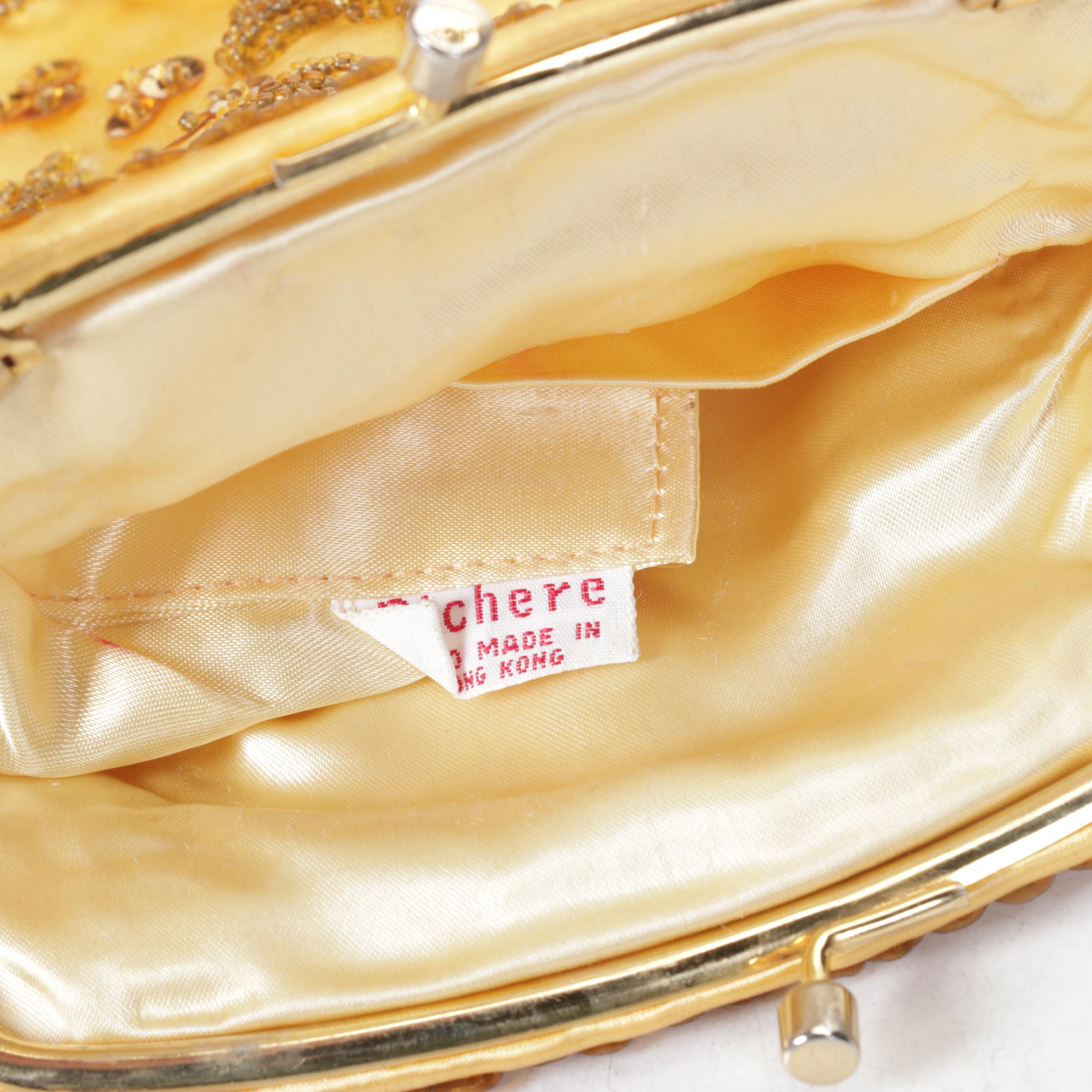 Embroidered Exotic Bird and Flowers Cloth Evening Purse with Beaded Gold Clutch