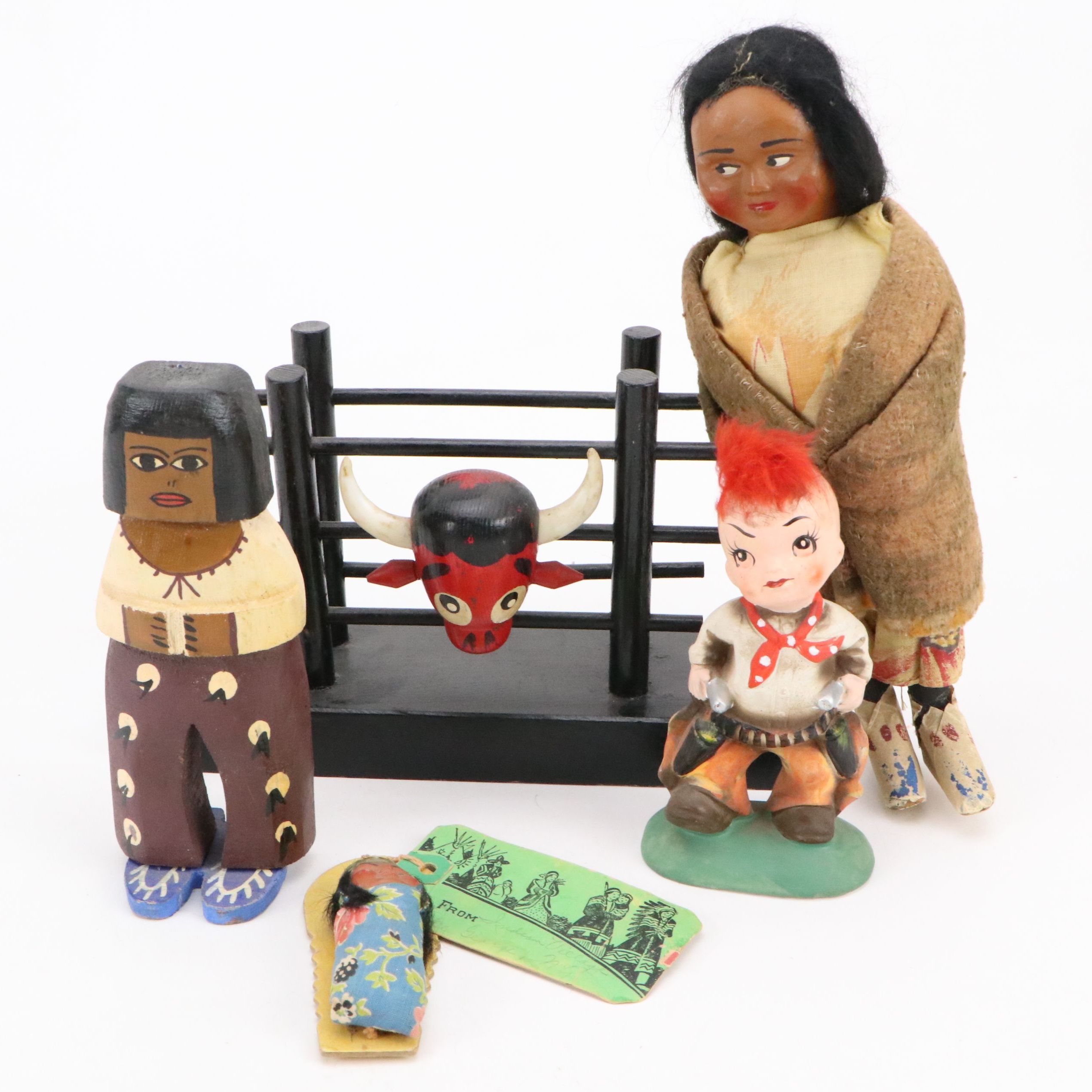 Skookum with Other Native American Dolls and Other Western Themed Decor, 20th C.