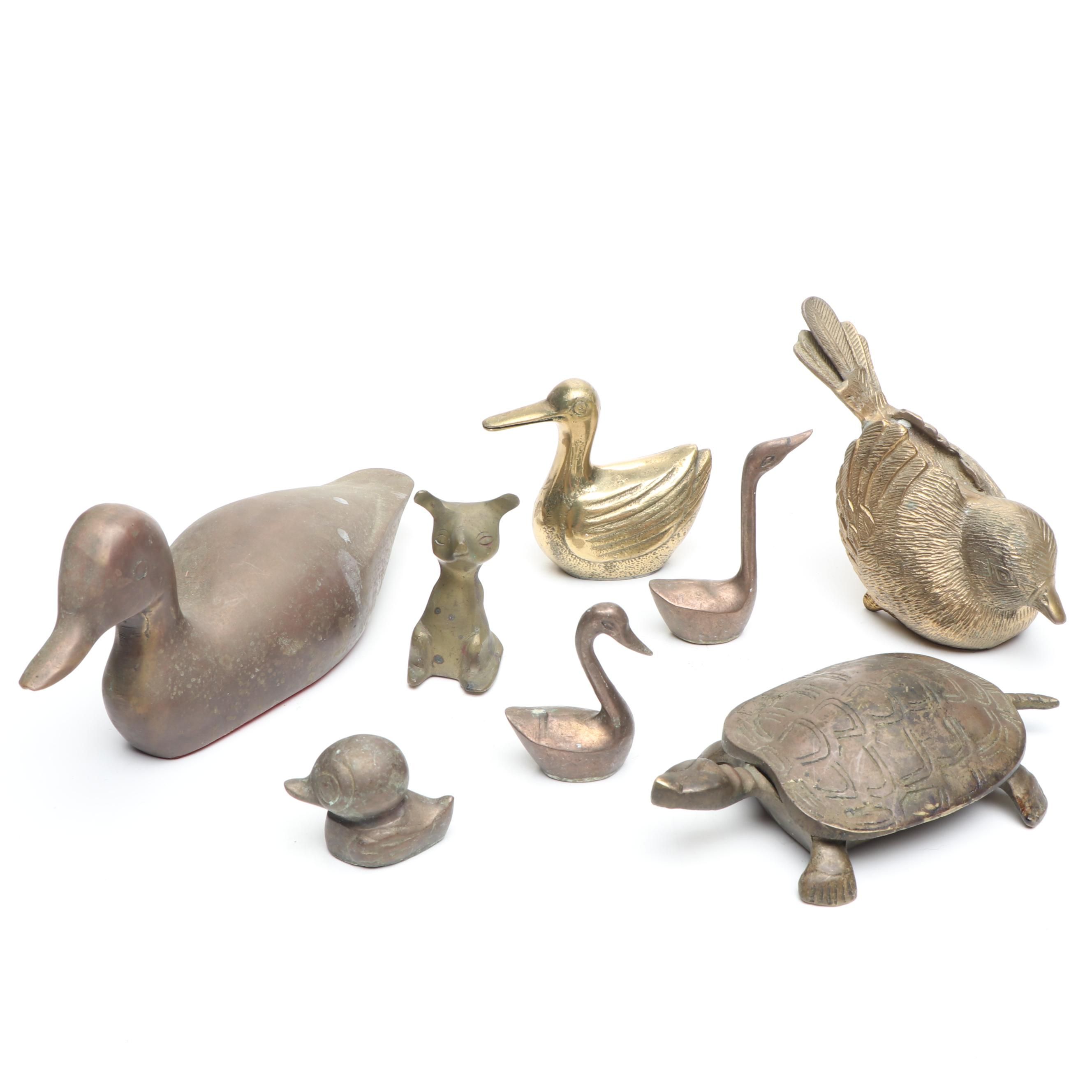 Turtle Brass Decorative Box with Duck Figure and Other Brass Figures