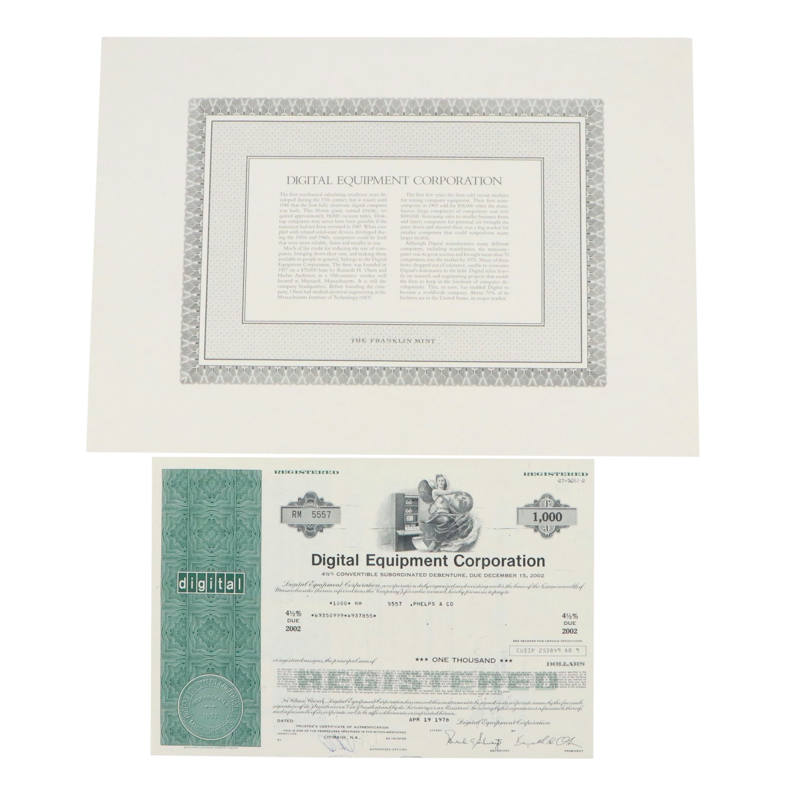 Digital Equipment Corporation 1,000 Shares Stock Certificate, 1978