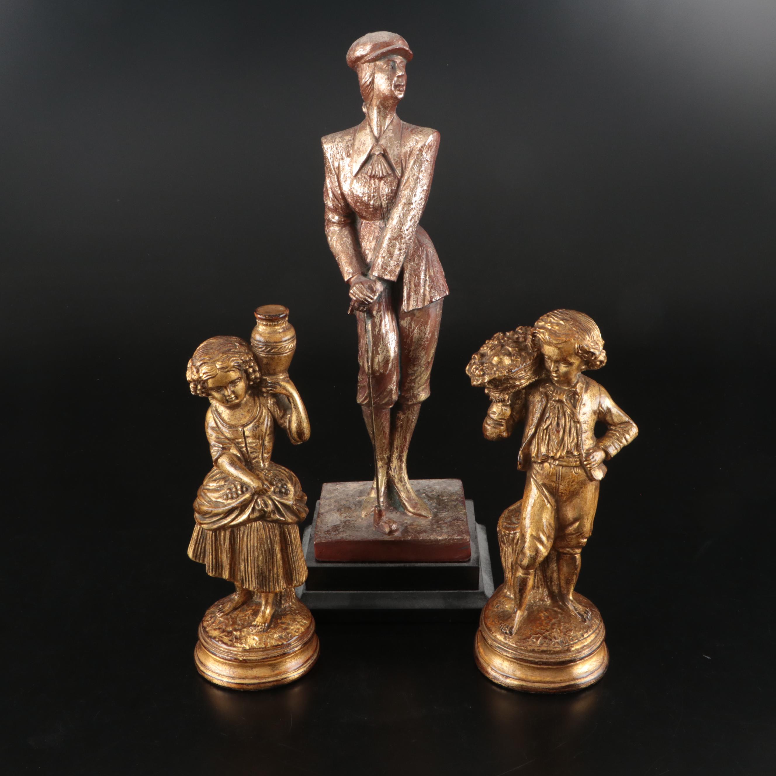 Decorative Crafts, Inc. Gilt Finish Golfer with Boy and Girl Figurines