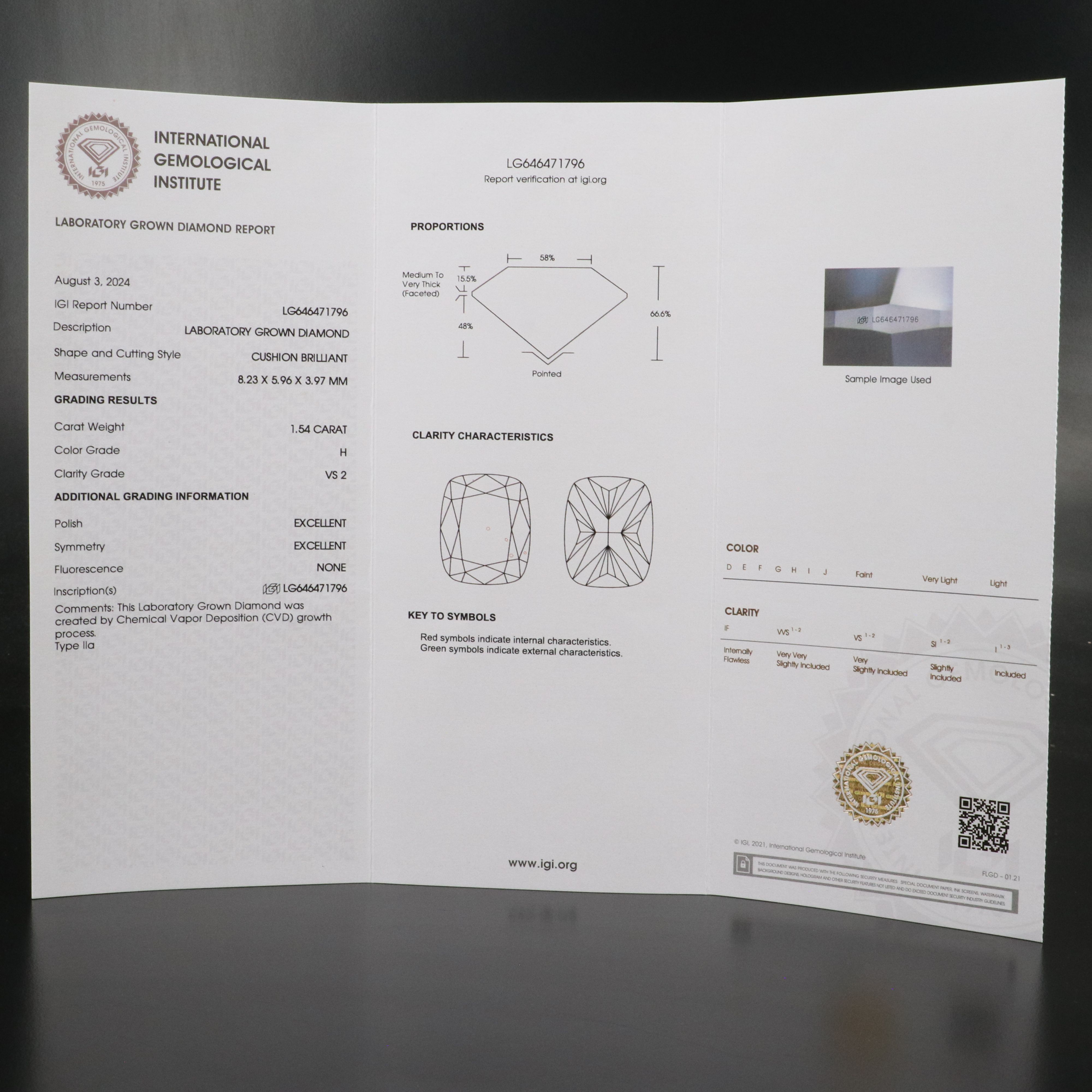 Loose 1.54 CT Lab Grown Diamond with IGI Report