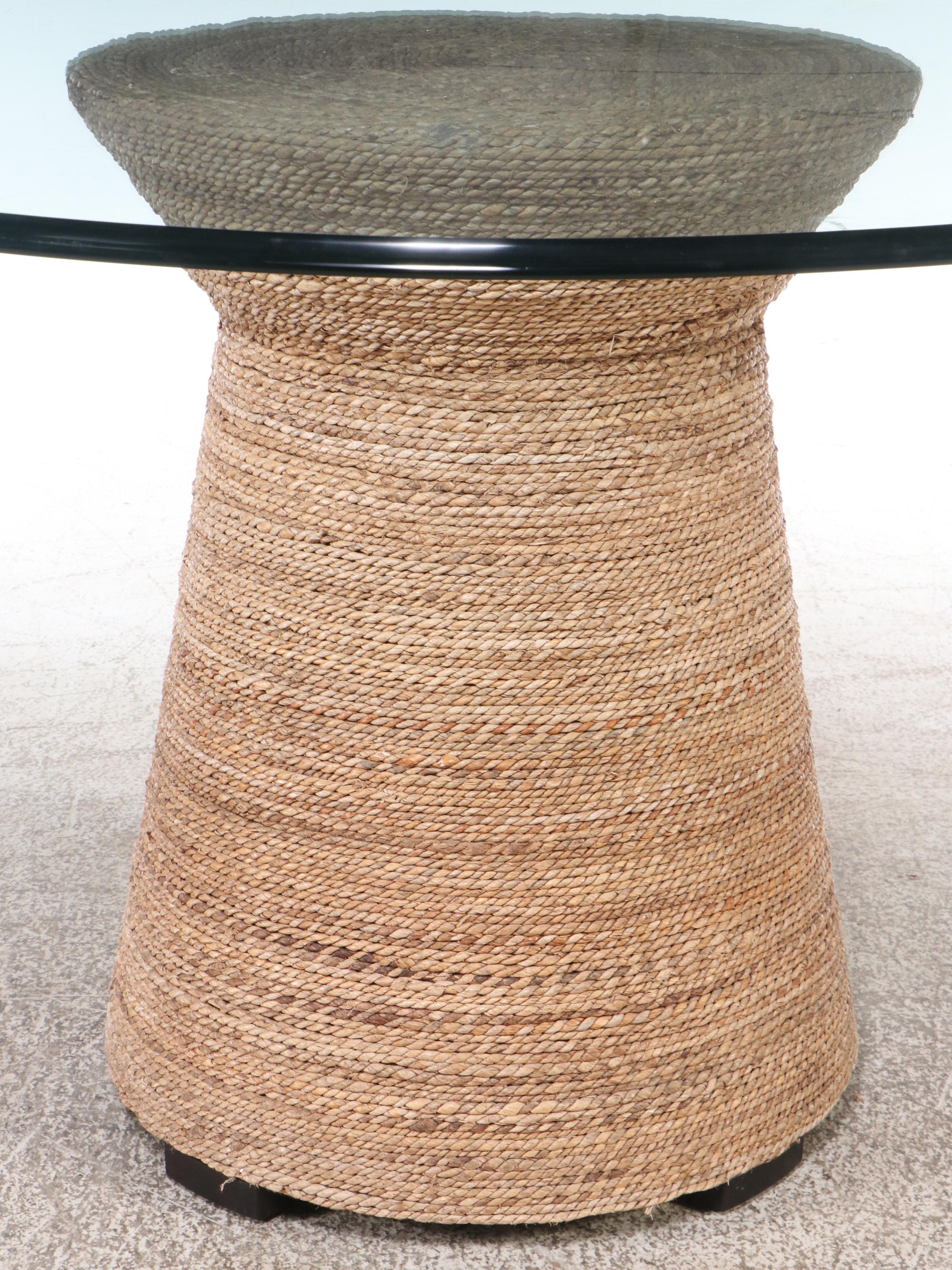 Glass Top Rope Wrapped Pedestal Dining Table with Five Biedermeier Style Chairs