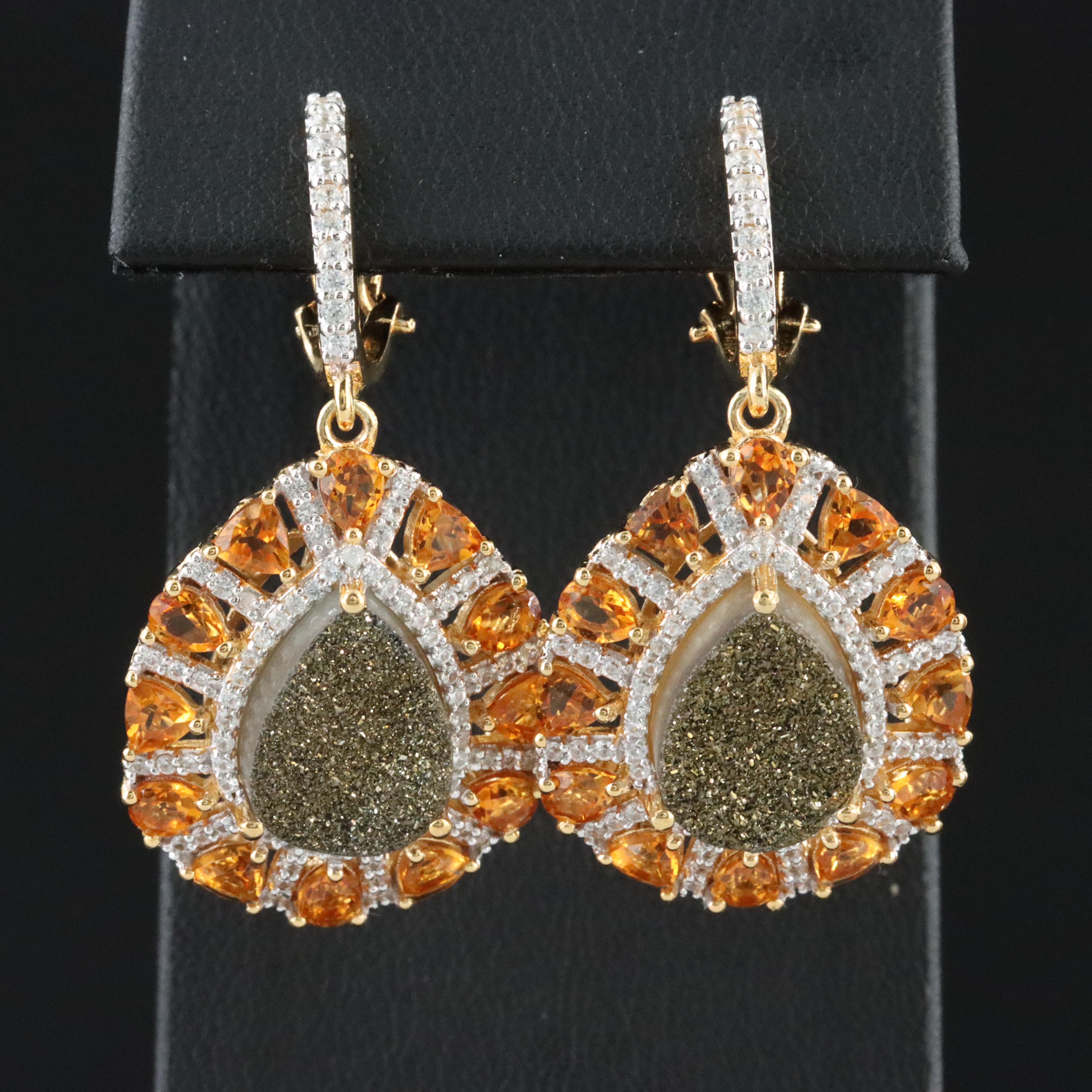 Sterling  Druzy, Citrine and White Topaz Drop Earrings