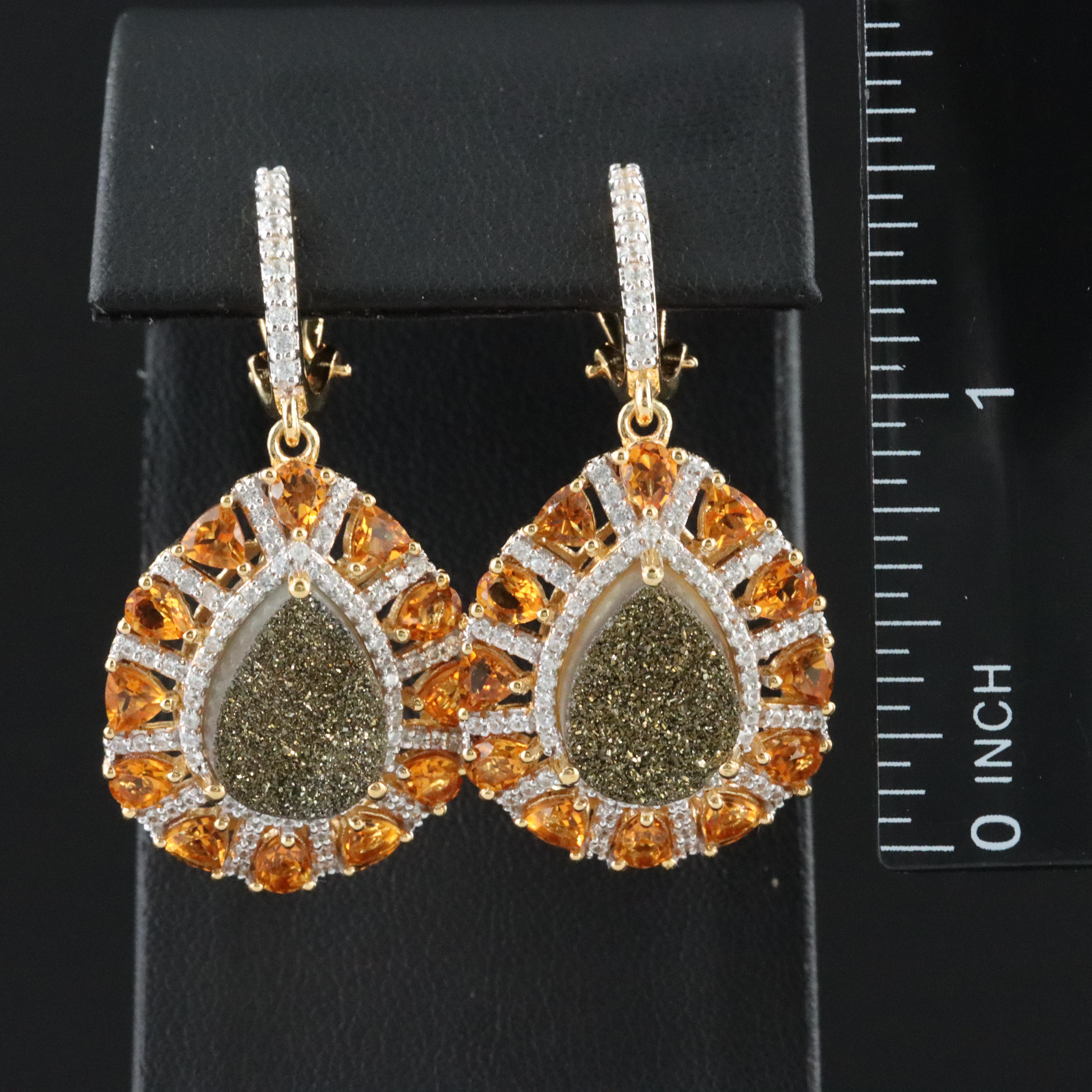 Sterling  Druzy, Citrine and White Topaz Drop Earrings
