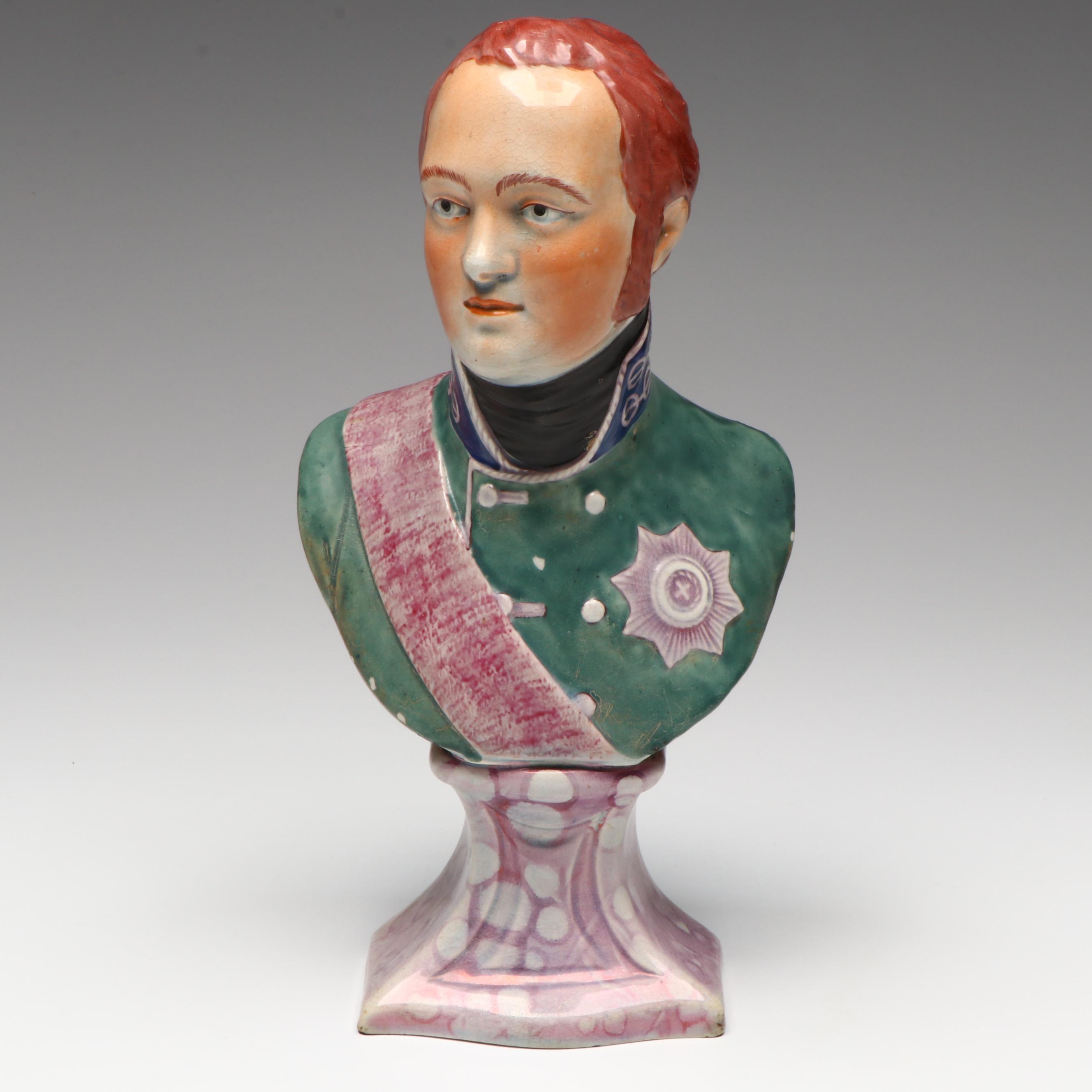 Staffordshire Style Pearlware Bust of Tsar Alexander I, 19th Century