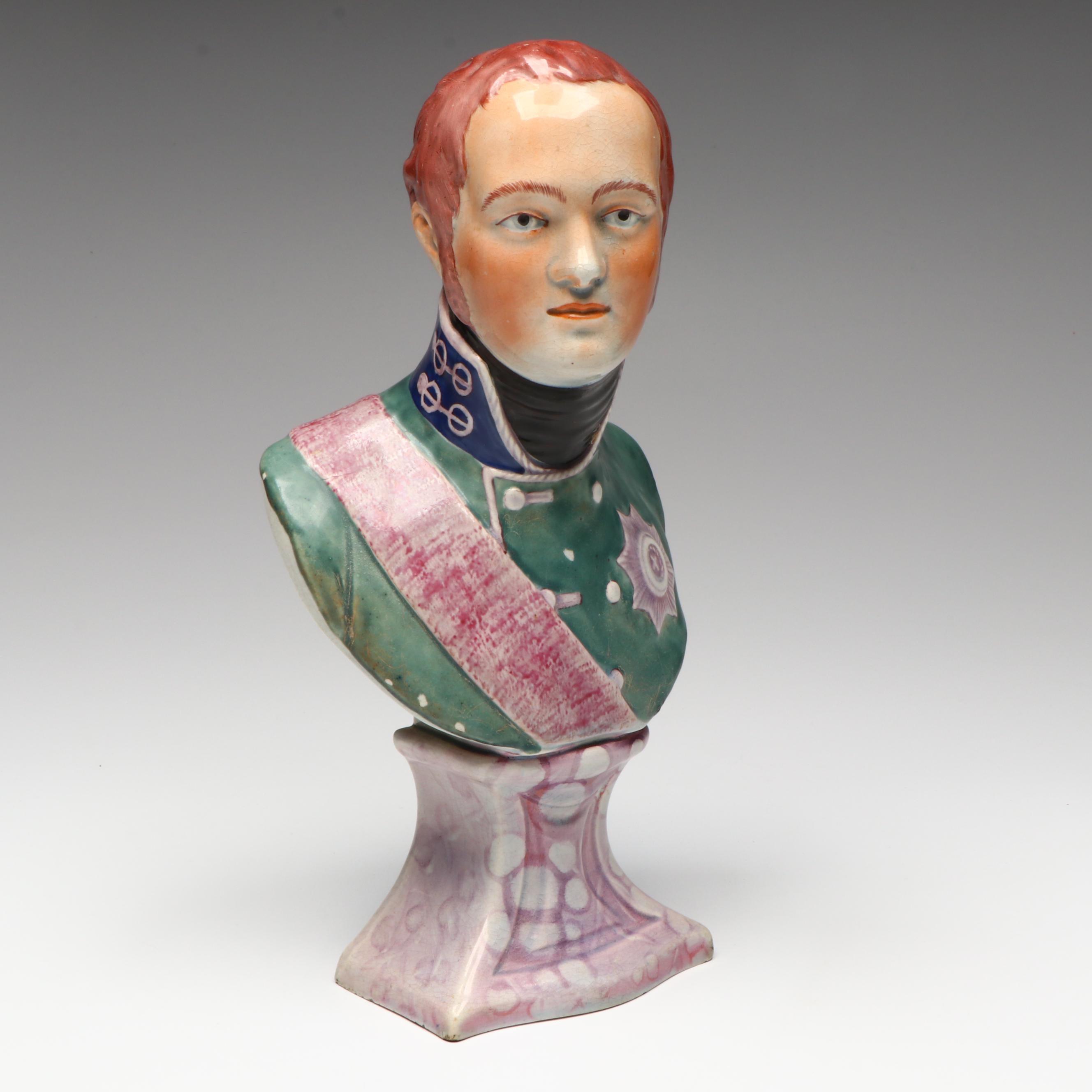 Staffordshire Style Pearlware Bust of Tsar Alexander I, 19th Century