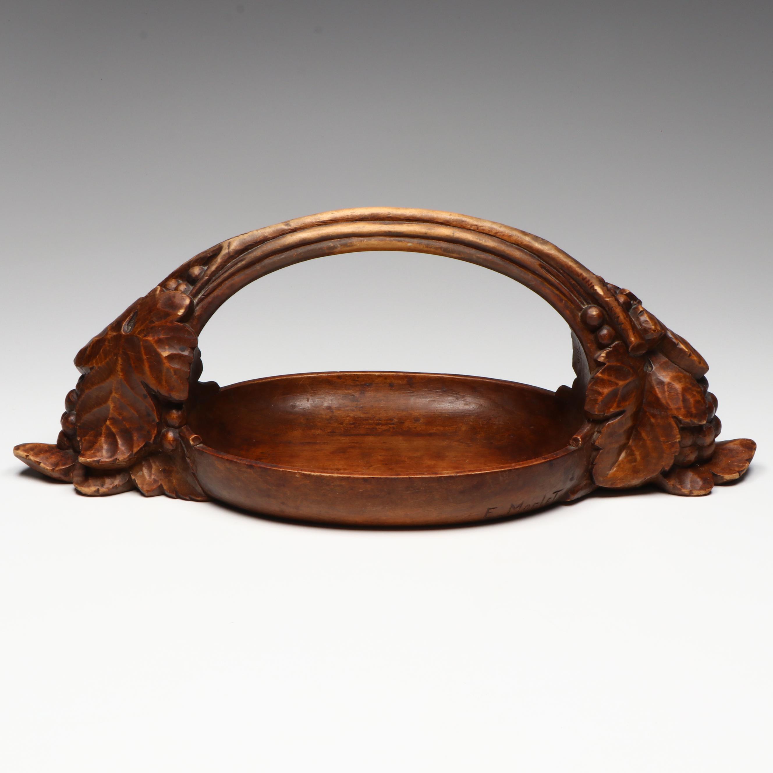 Emile Morlet French Carved Wooden Fruit Basket, Early to Mid-20th Century