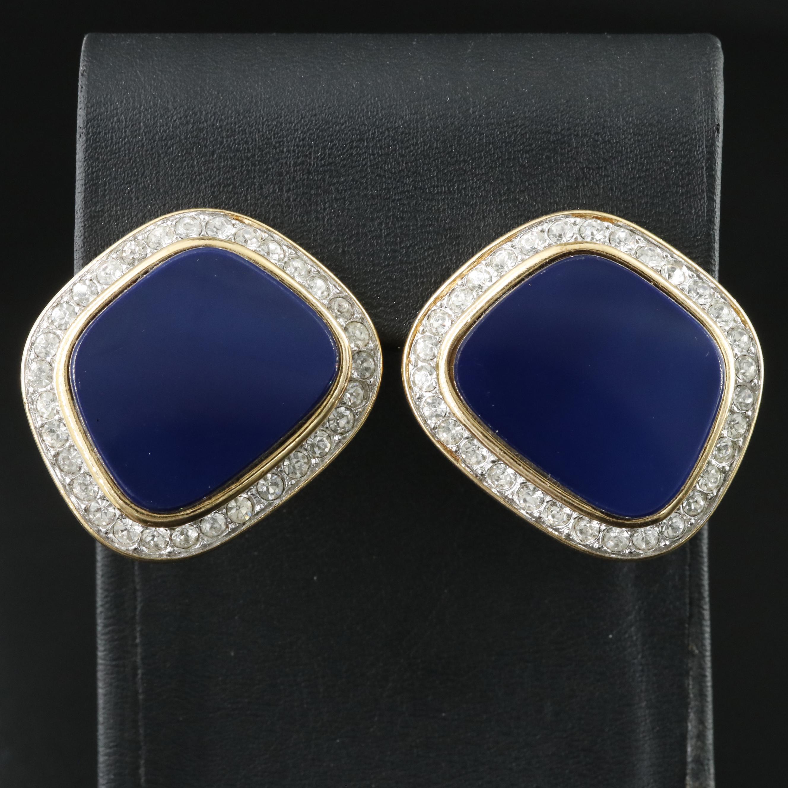 Nina Ricci Blue Glass and Crystal Clip Earrings
