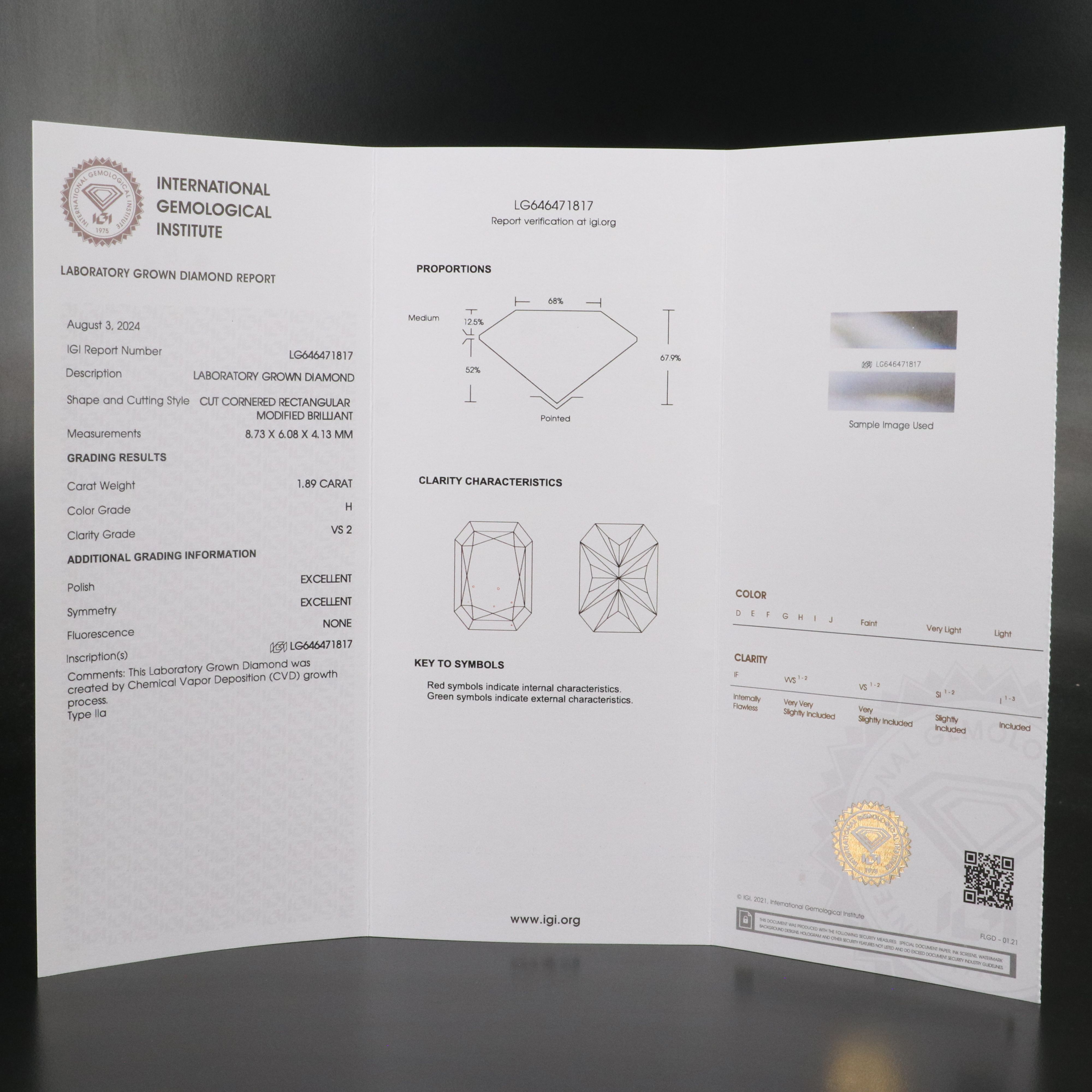 Loose 1.89 CT Lab Grown Diamond with IGI Report