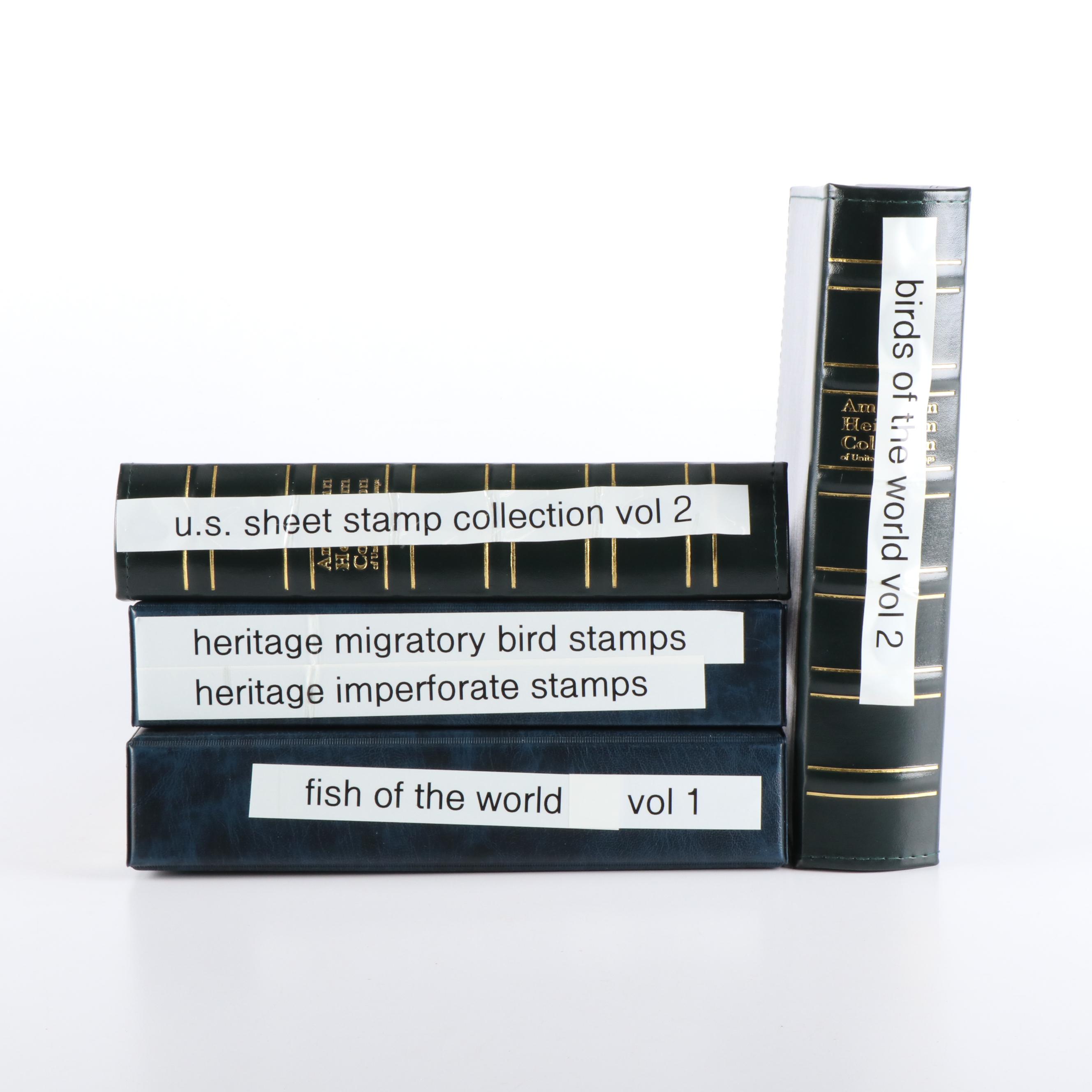 Four Albums of Themed Postage Stamps, Birds, Fish, and More