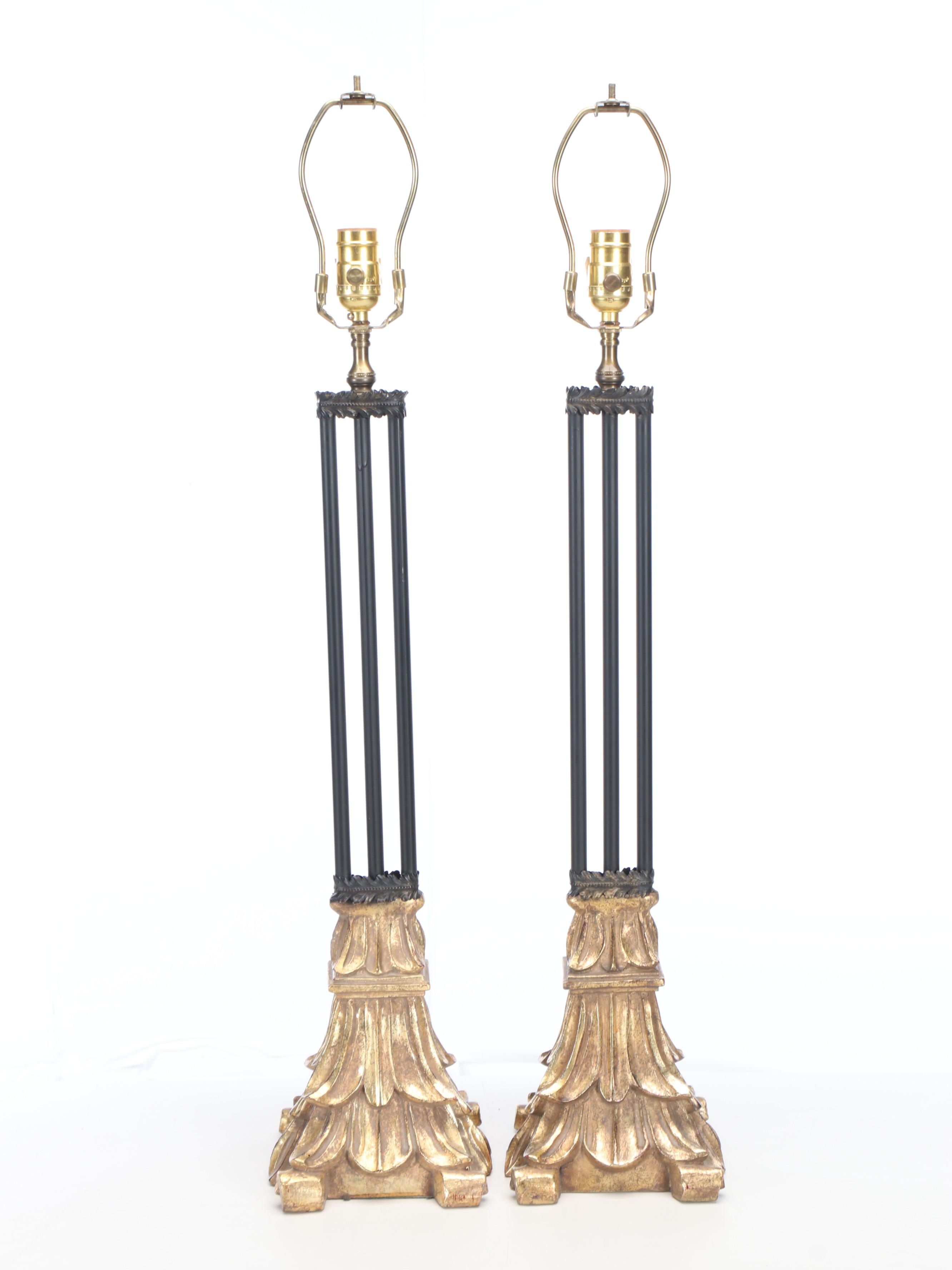 French Empire Style Metal on Gold Finish Wood Base Table Lamps