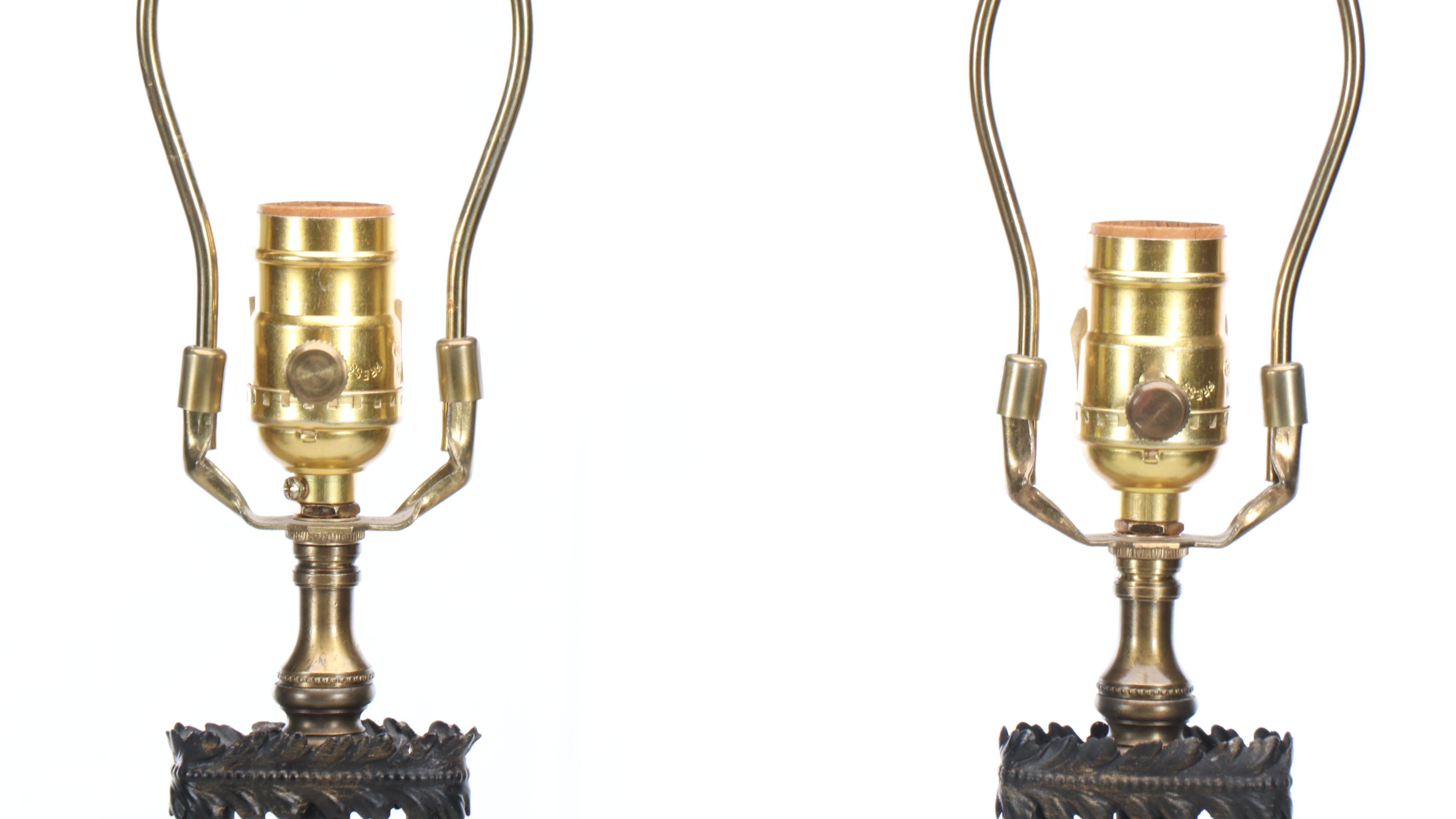 French Empire Style Metal on Gold Finish Wood Base Table Lamps