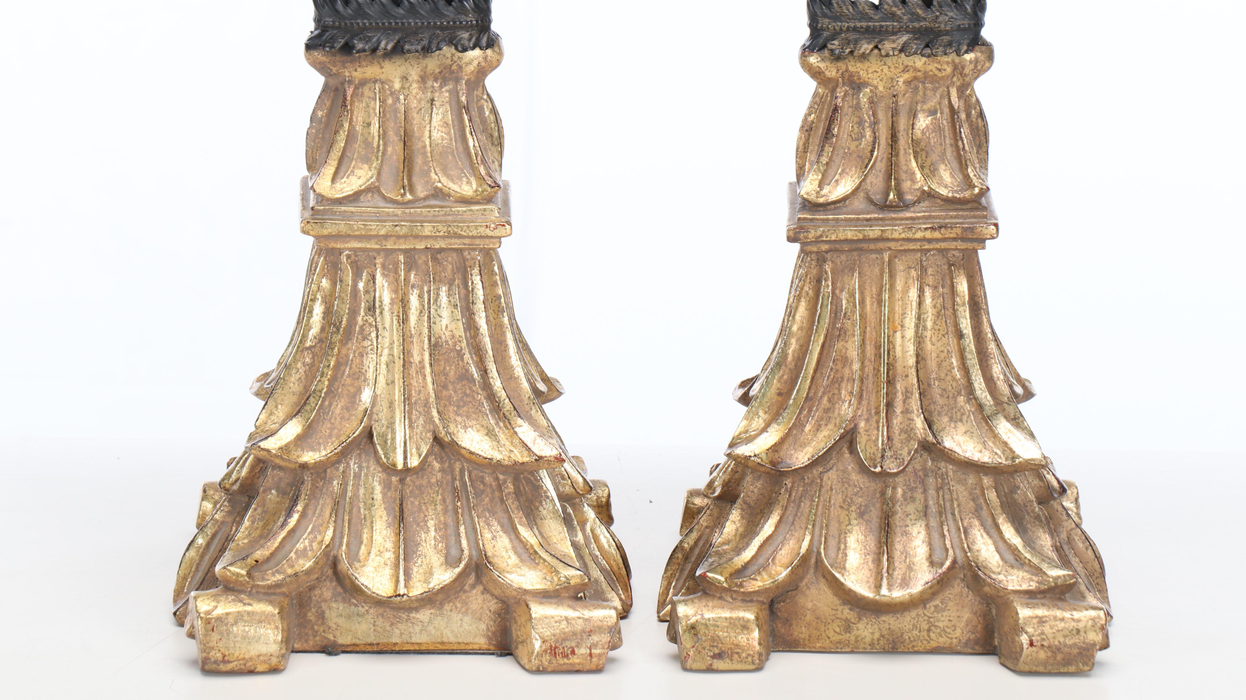 French Empire Style Metal on Gold Finish Wood Base Table Lamps