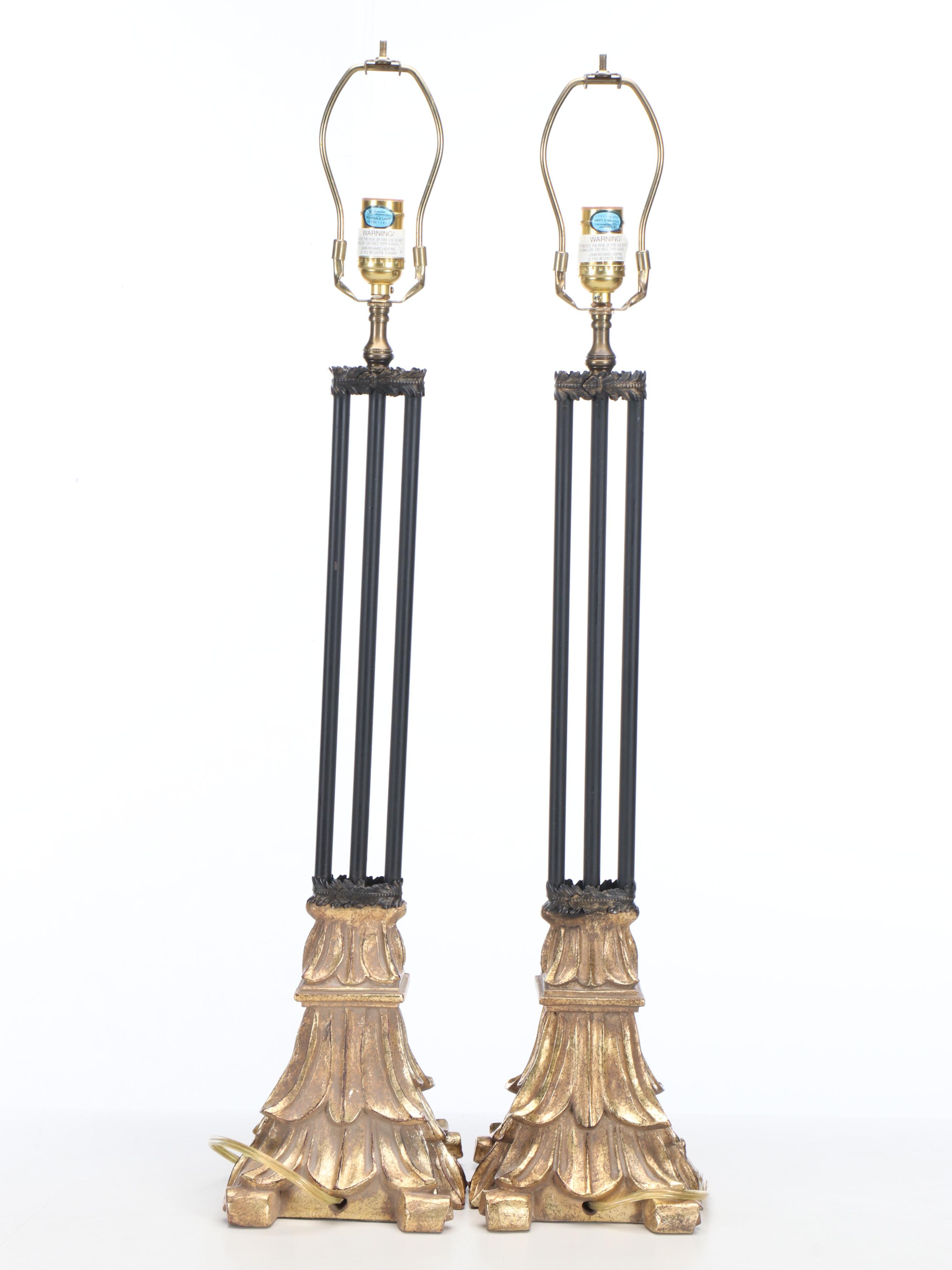 French Empire Style Metal on Gold Finish Wood Base Table Lamps