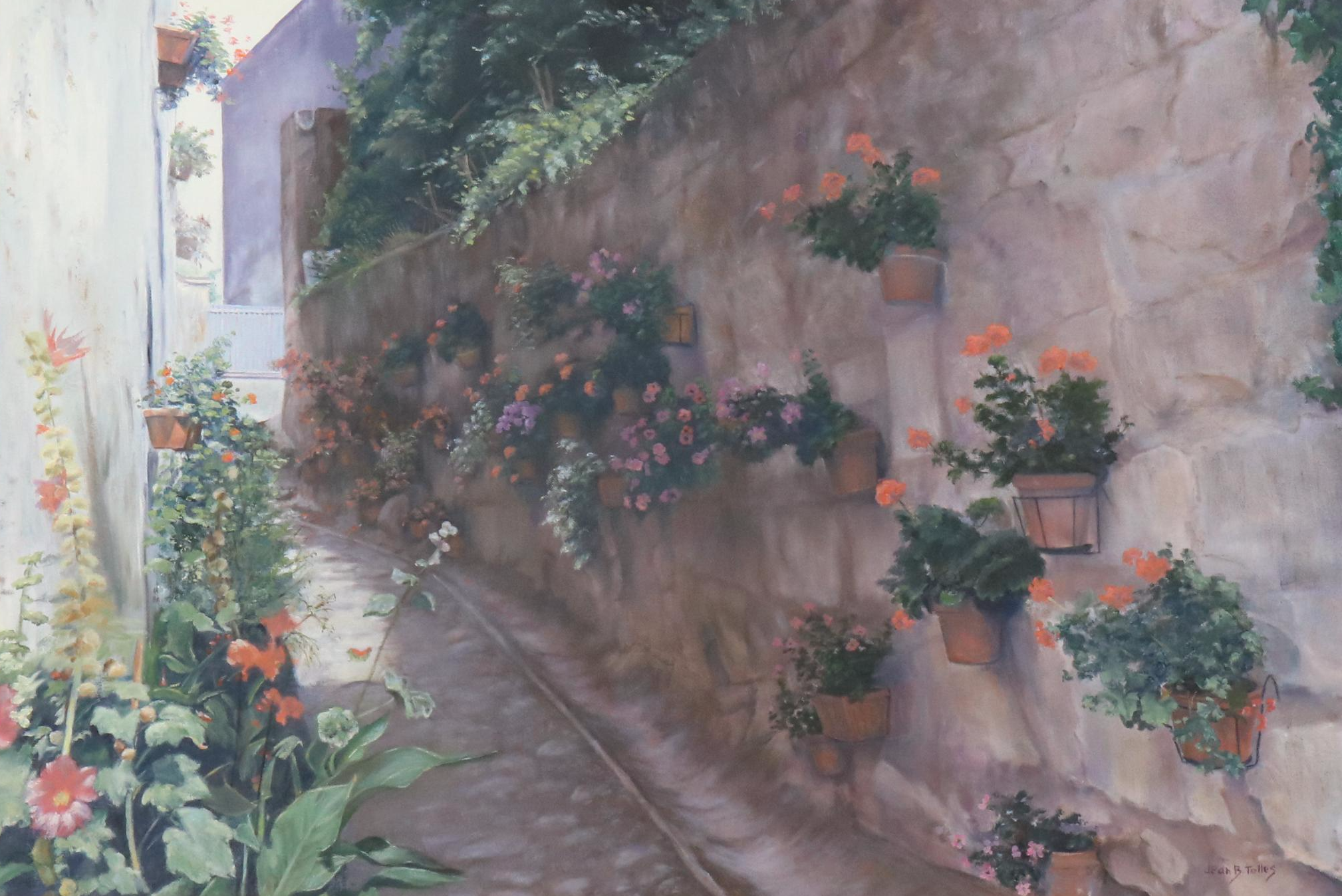 Jean B. Tolles Cityscape Oil Painting of Walled Garden Path, Late 20th C.