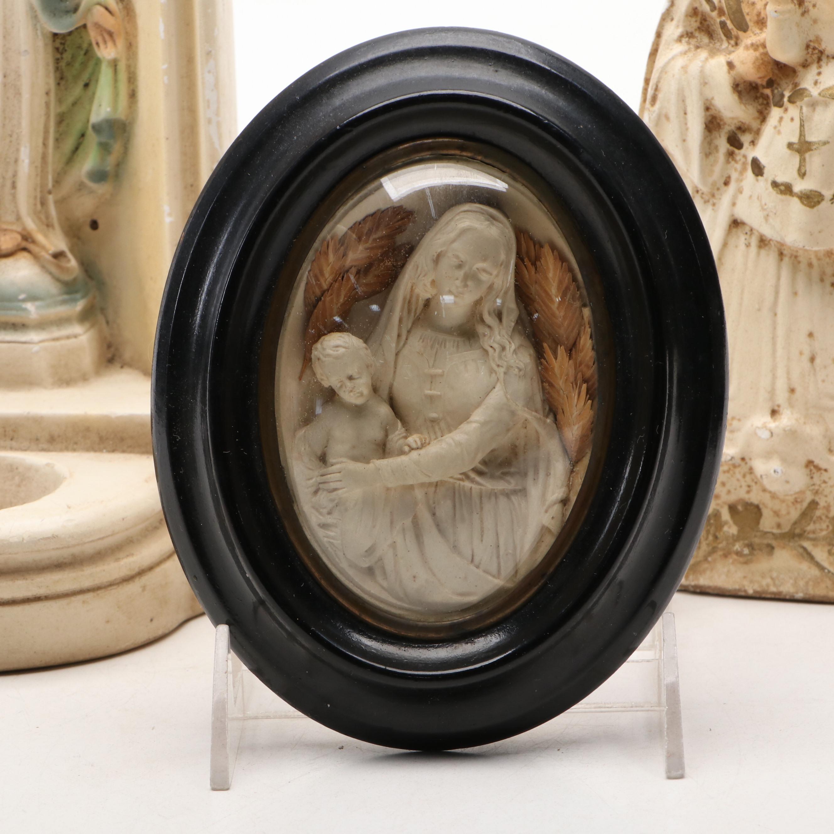 Chalkware Virgin Mary Votive Candle Wall Hanging, Figurine and Wall Medallion