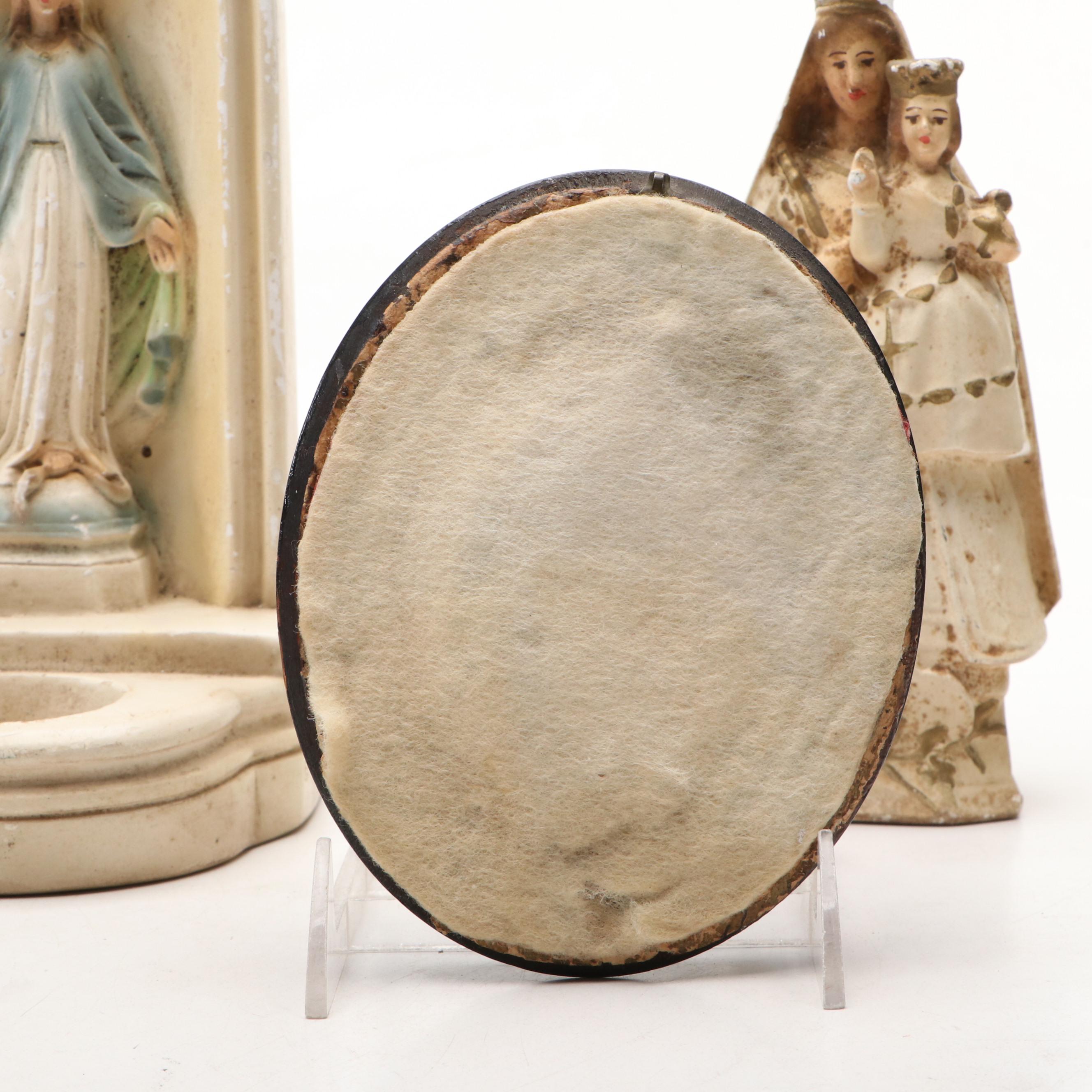 Chalkware Virgin Mary Votive Candle Wall Hanging, Figurine and Wall Medallion