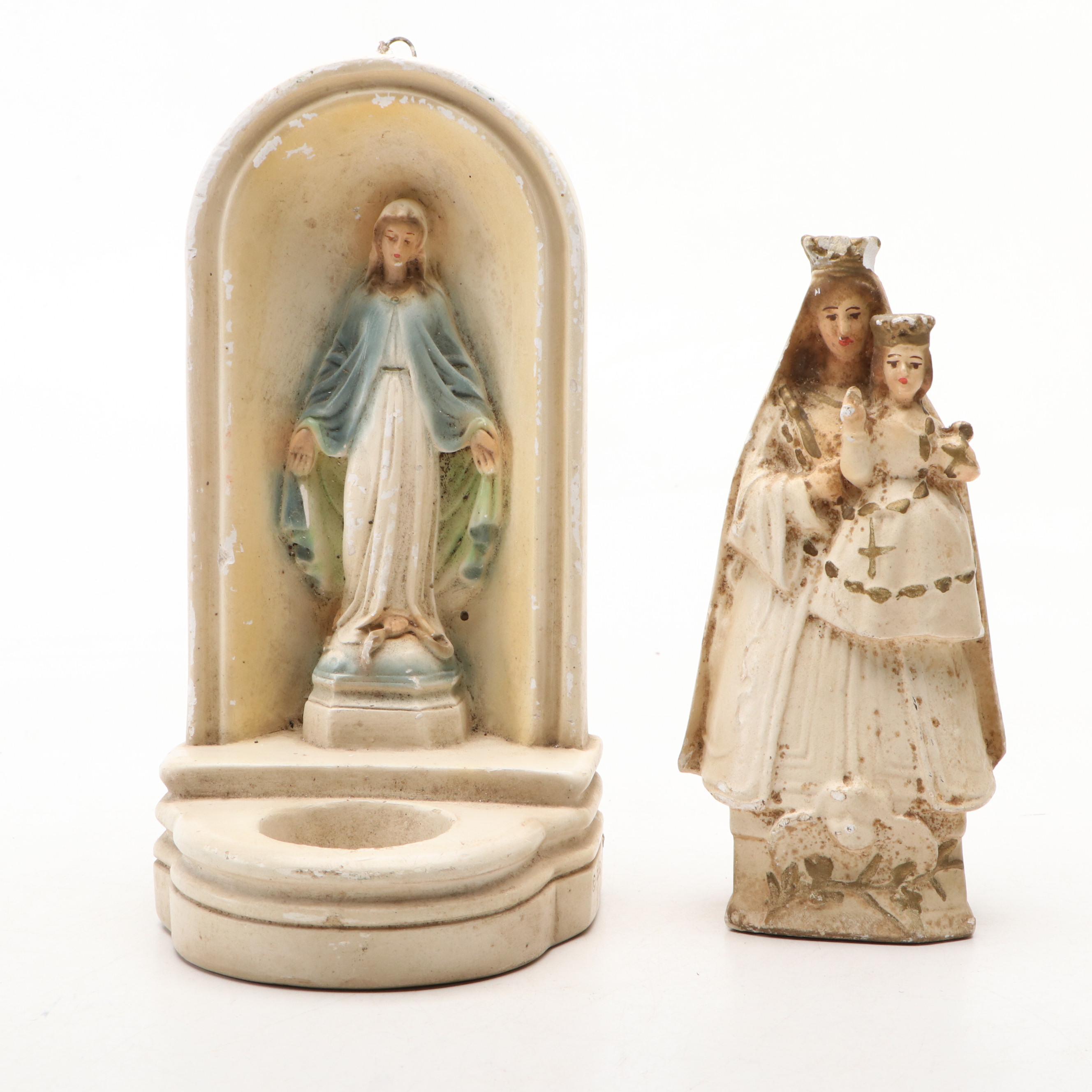 Chalkware Virgin Mary Votive Candle Wall Hanging, Figurine and Wall Medallion