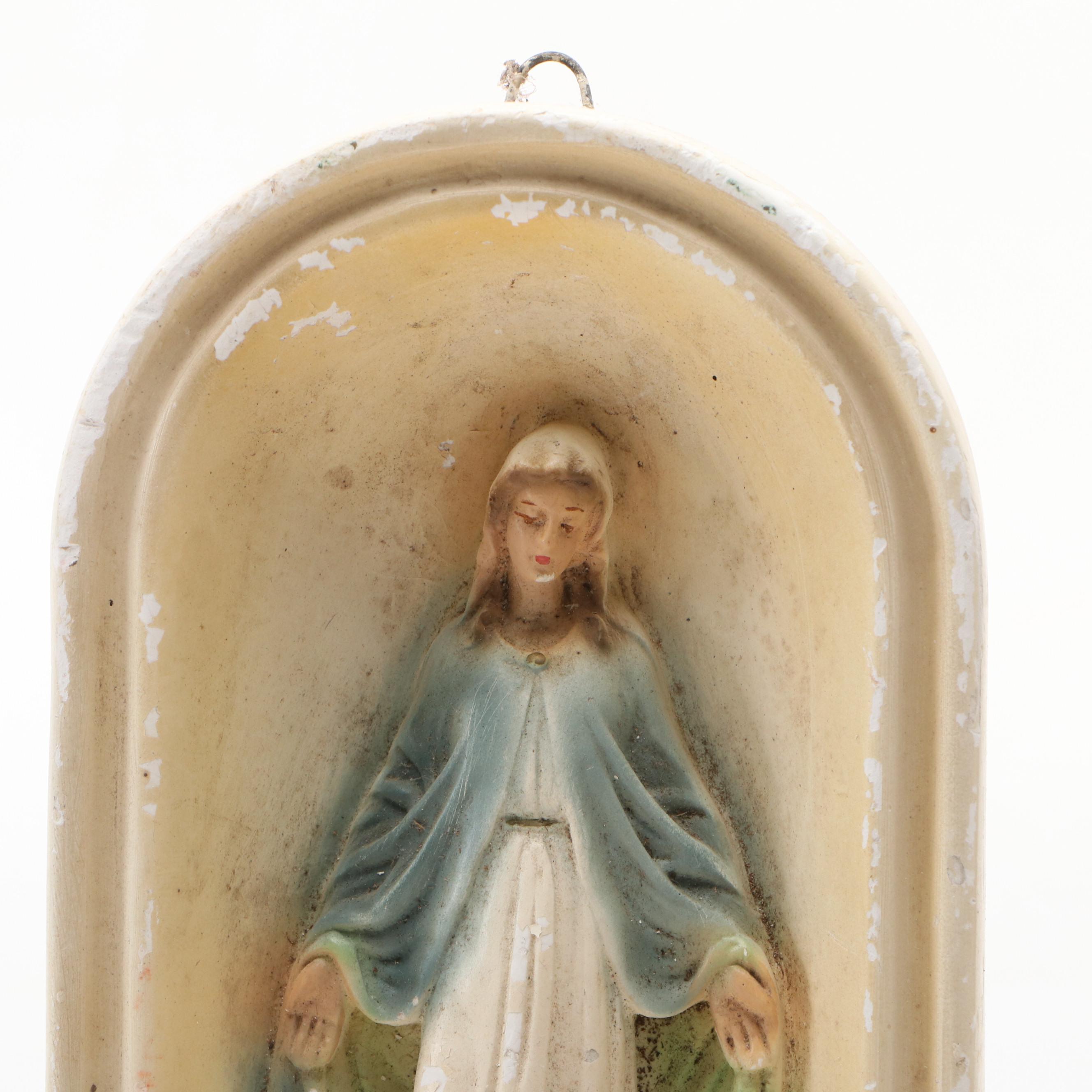 Chalkware Virgin Mary Votive Candle Wall Hanging, Figurine and Wall Medallion