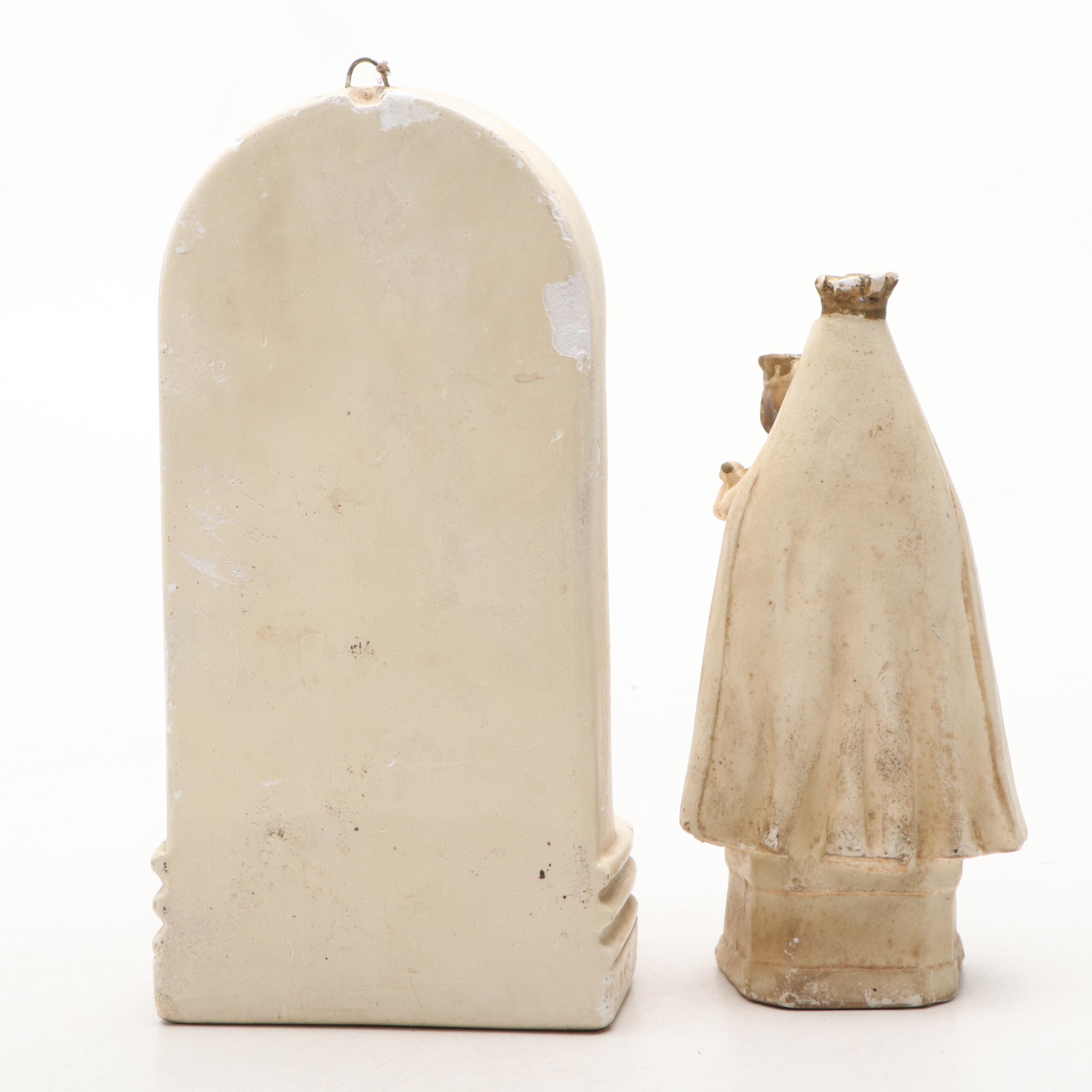 Chalkware Virgin Mary Votive Candle Wall Hanging, Figurine and Wall Medallion